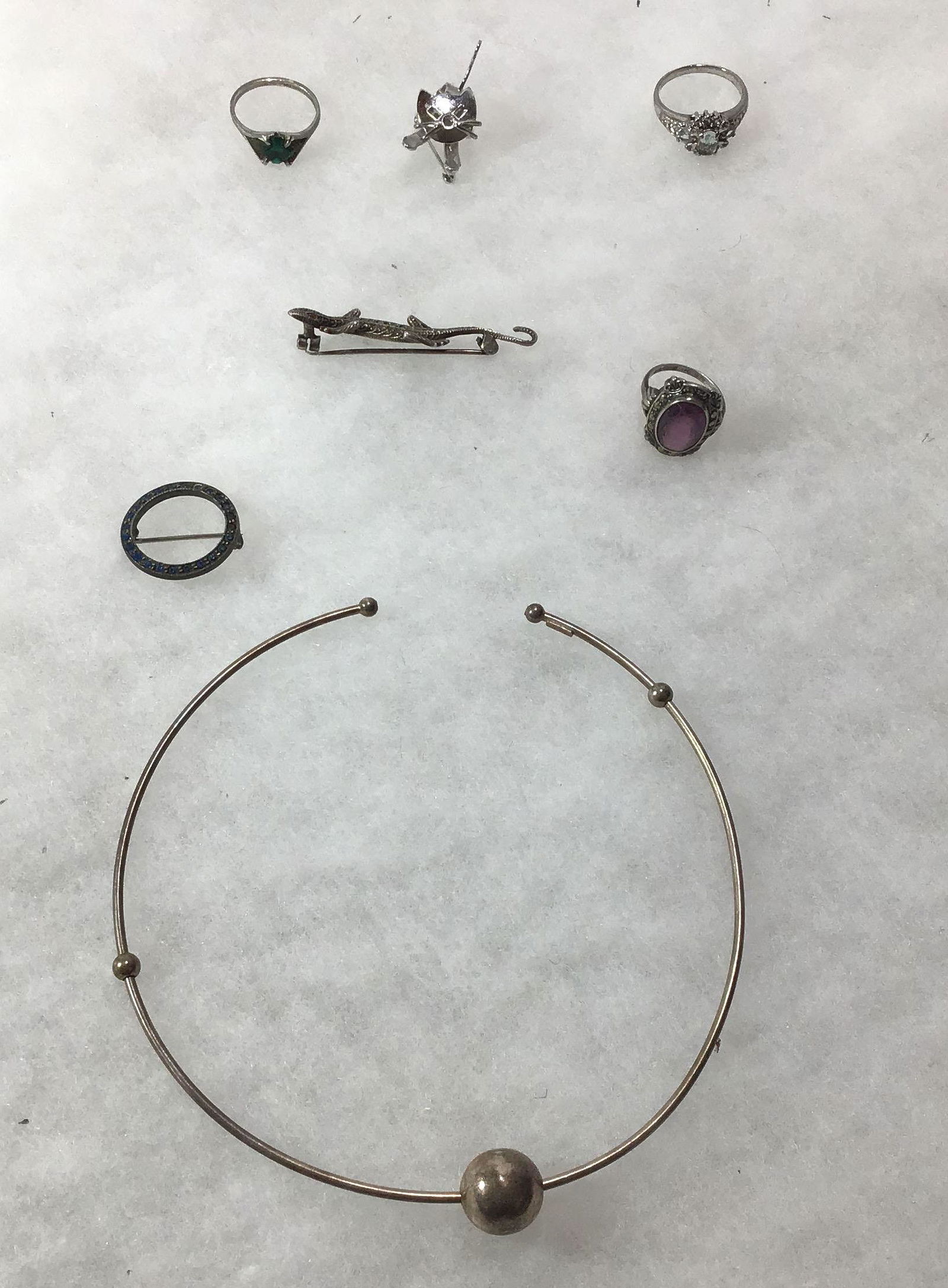 Vintage Sterling Jewelry (7) 3 rings: Topaz size 10,: 3 rings: Topaz size 10, Macasite size 5.5, green stone size 9 3 pins: cat head, blue stone & marcasite lizard pin 1 necklace