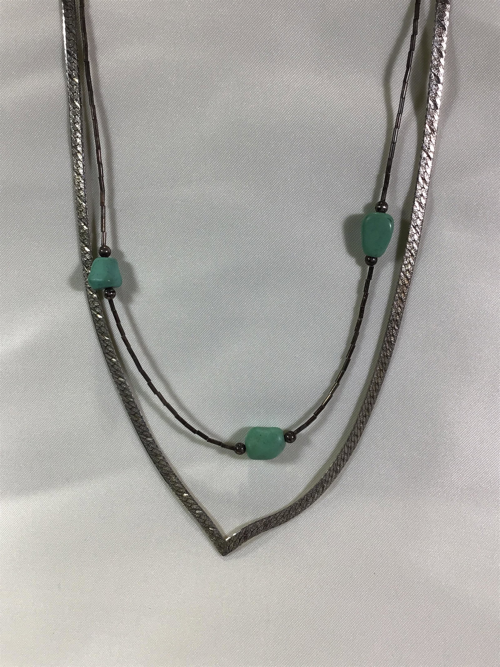 Pair of Sterling Choker Necklaces One with turquoise: One with turquoise beads one is harringbone weave chokers