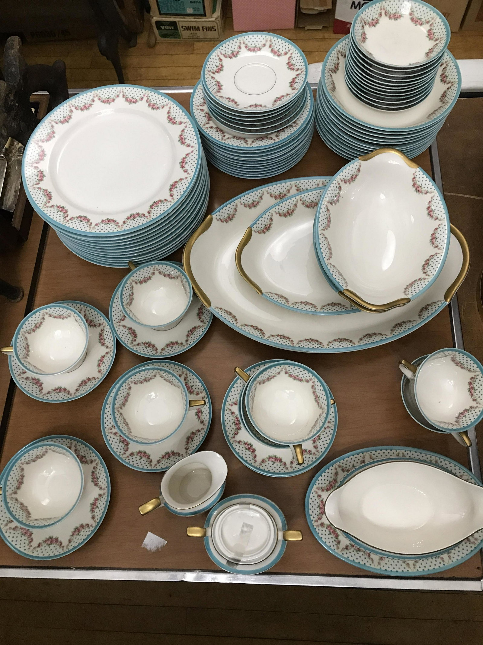 Warwick Dish Set Service for 12 plates and: Service for 12 plates and bowls 3 different size plates 2 soup bowl sets 2 serving platters 1 gravy boat 2 bread bowls and 1 soup tureen and cups with saucers