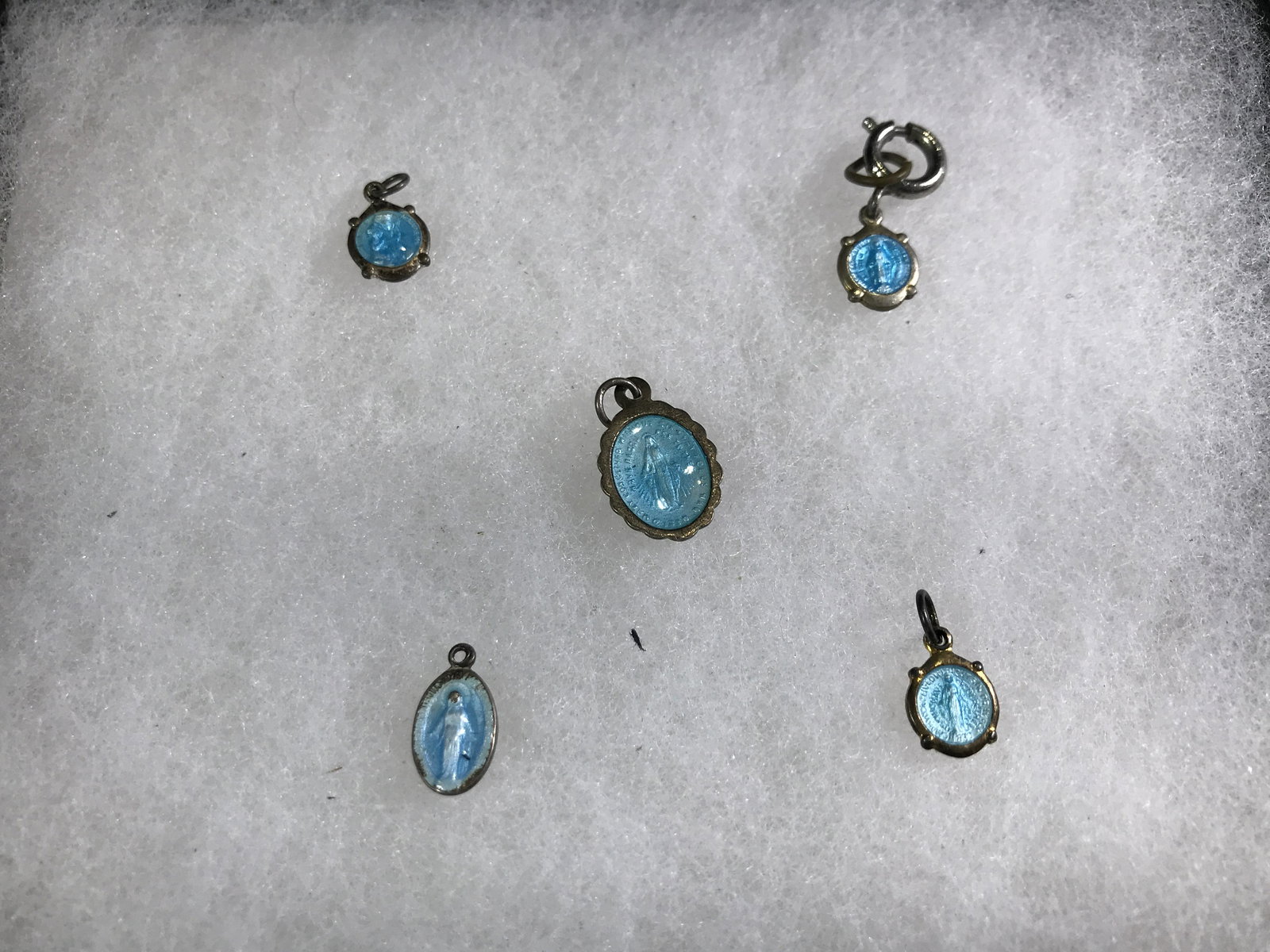 Blue Enamel Overlay Sterling Religious Medals (5) . (1 of 4)