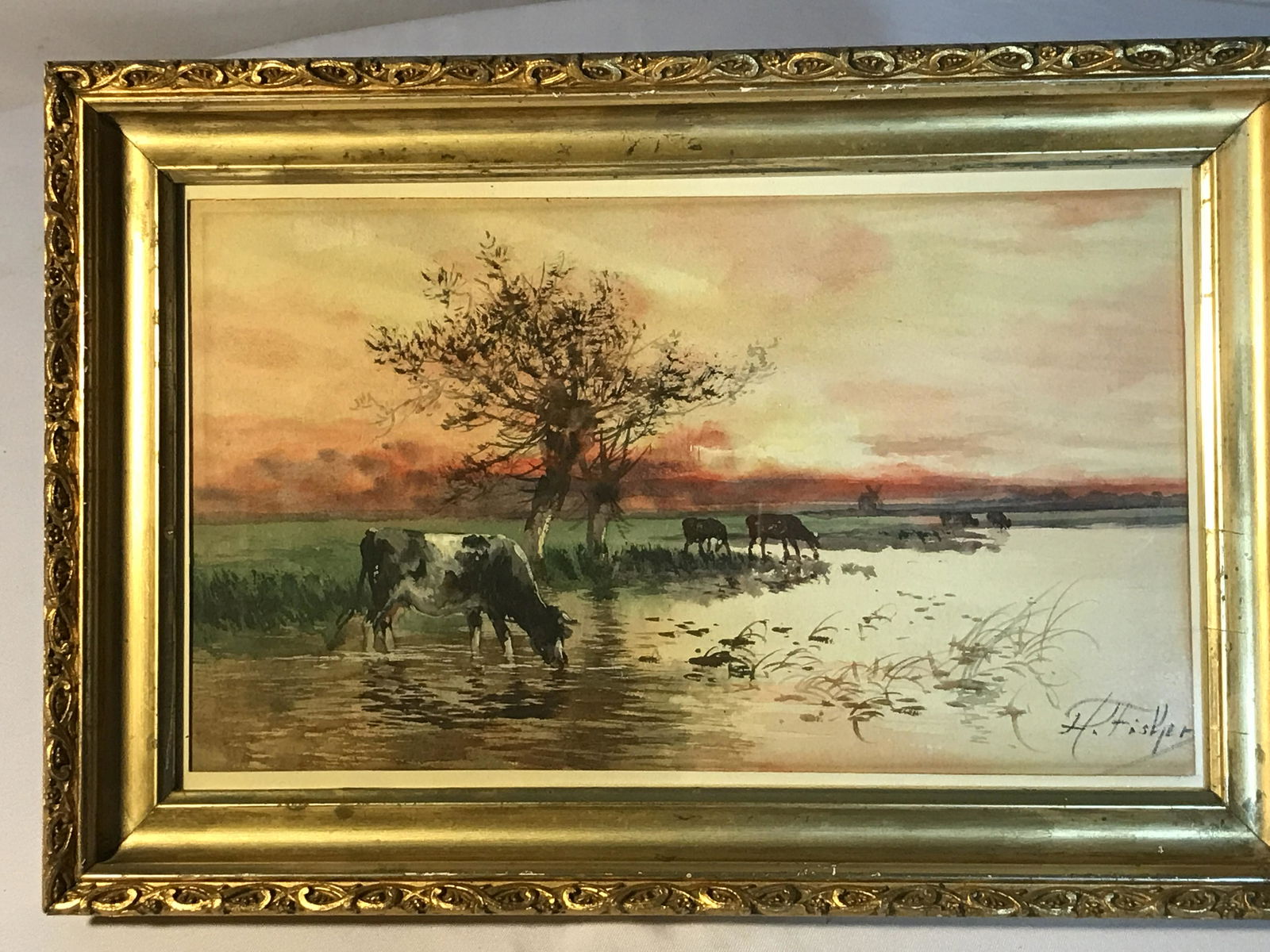 H Fisher signed Watercolor Frame measures 16.5 x 11 (1 of 5)