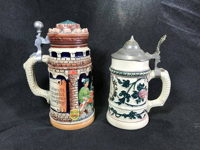 Vintage Beer Steins Castle Stein measures 7 inches tall  Flower Stein measures 6 inches tall