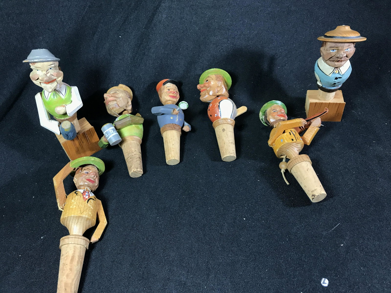 Vintage Cork Men (7) Hand Carved . Org. Paint Some are animated with levers and string: Some are animated with levers and string