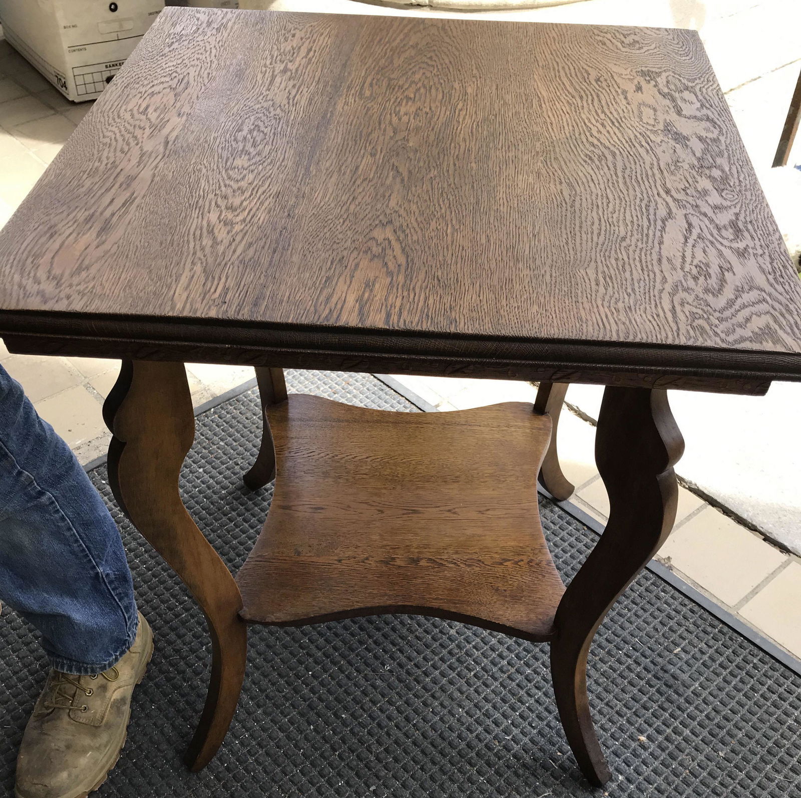 Victorian 4 Leg Tiger Oak 2-tier table! Measures 28.5 inches tall by 24 inches square (1 of 3)