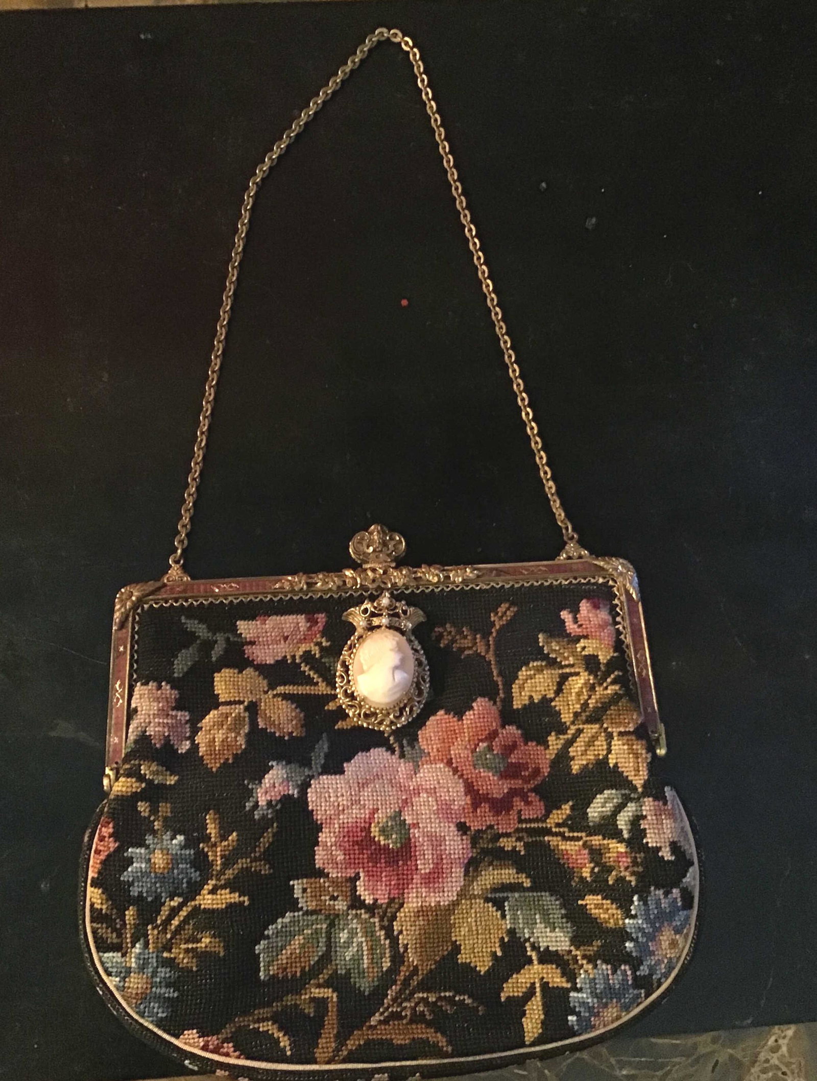 Vintage Petty Point Purse w/ Hand Carved Shell Cameo on clasp enamel overlay and seed pearls. (1 of 5)