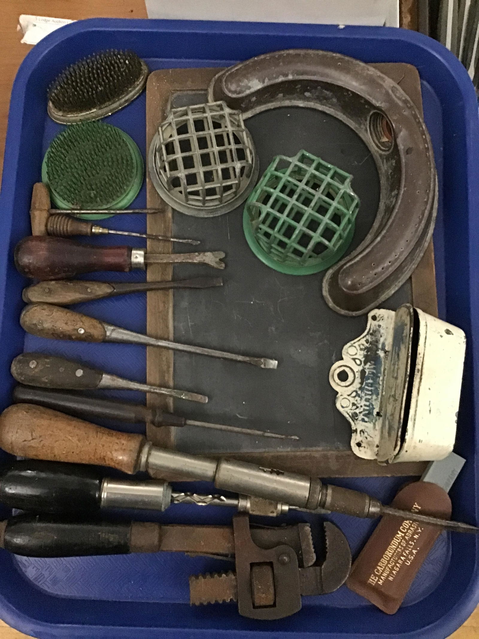 Vintage tool collection including copper sprinkler match safe screwdrivers monkey wrench sharpening (1 of 3)