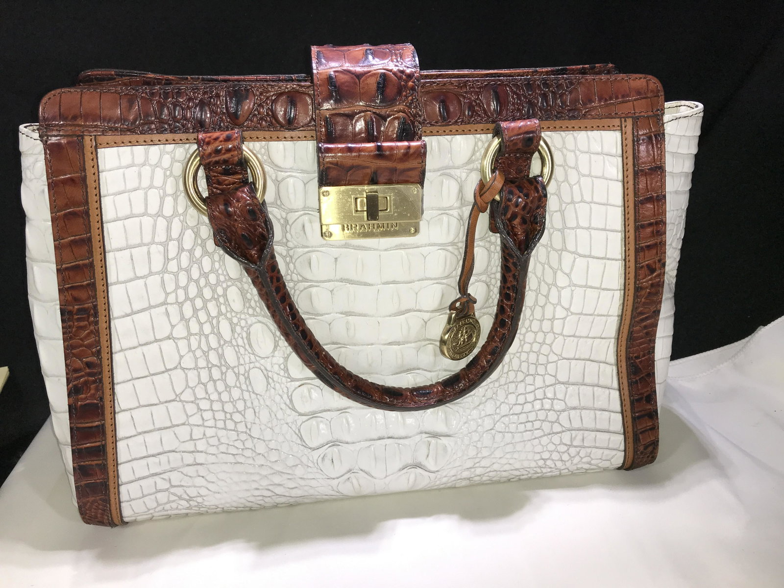 Brahmin White w/ Brown Purse .: .
