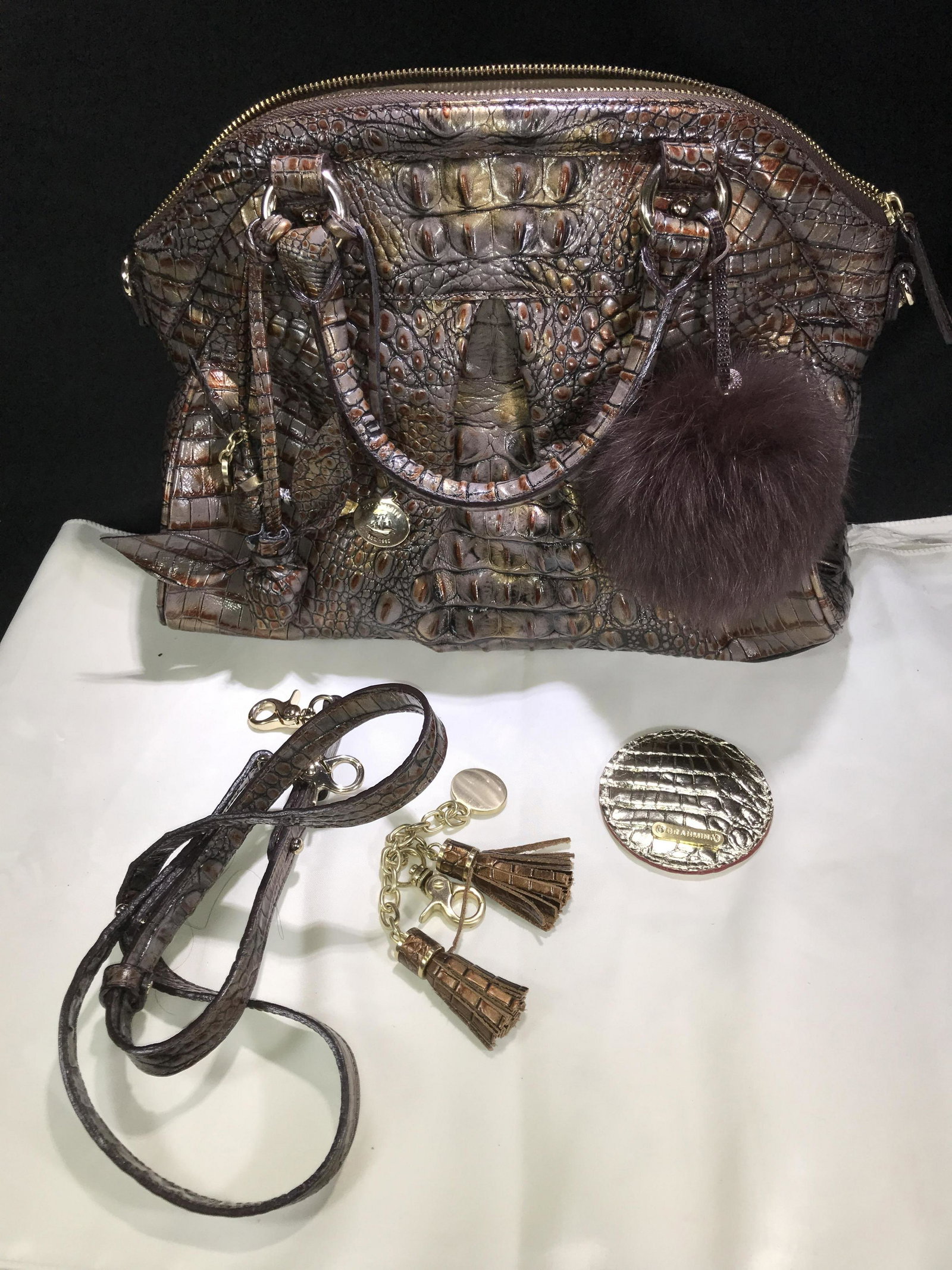 Brahmin Violet Croc-design Purse w/ Accessories .: .