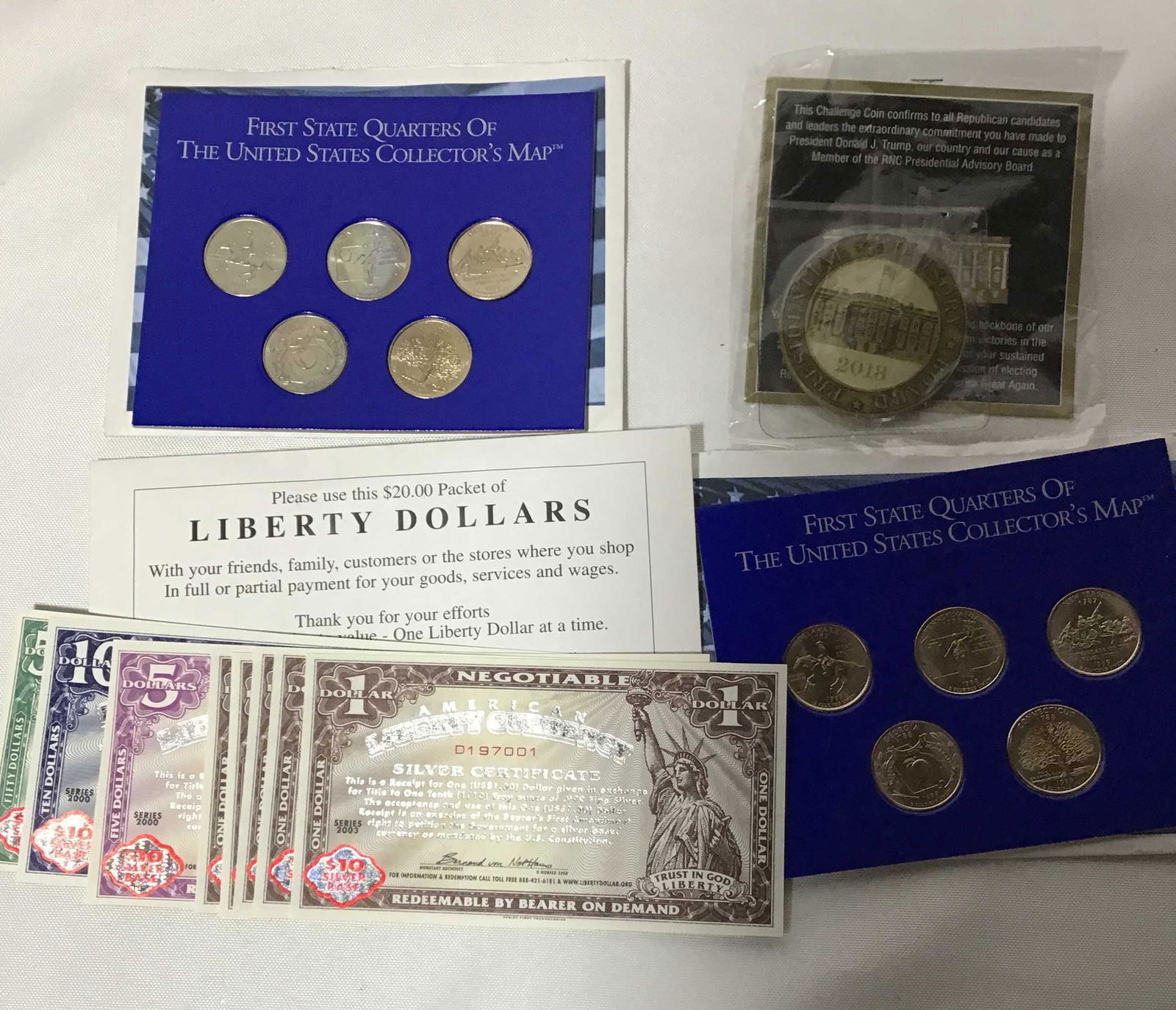 First State Quarters of the US and Liberty Dollars Notes plus Bronze Medallion (1 of 3)