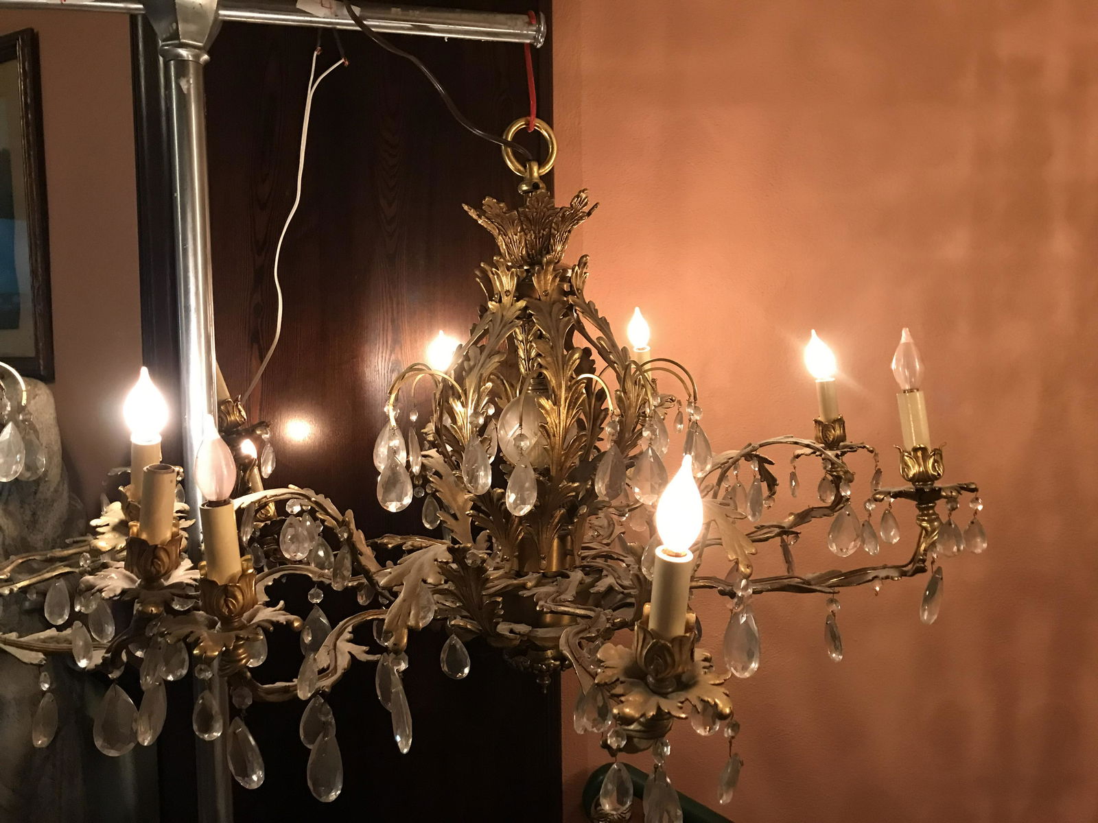 Italian Chandeliers Weighed Style Arms (3) Bottom has great hanging: Bottom has great hanging crystals. Each chandelier measures 3" ring
