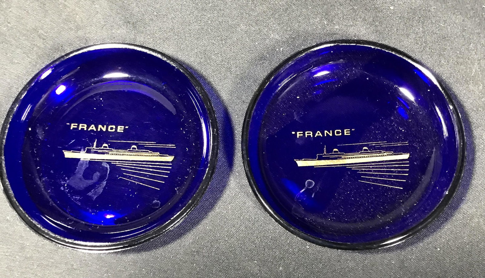 French Ship Liner Ashtrays blue glass (2) .: .
