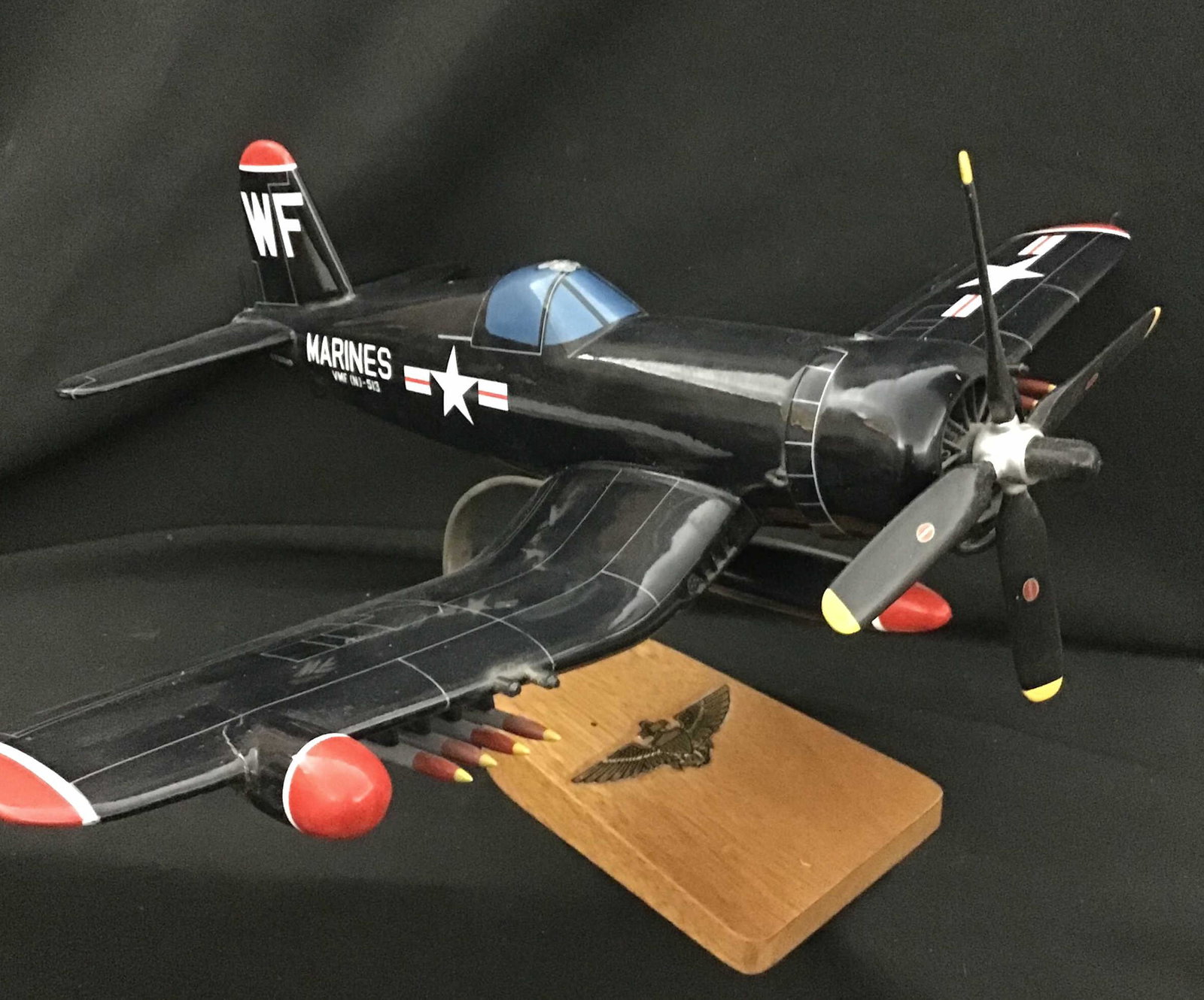US VMF(N) 513 NXSHP Marine Night Fighter Squadron: Wooden, measures 21 inches wingspan by 18 inches by 11 inches tall on stand