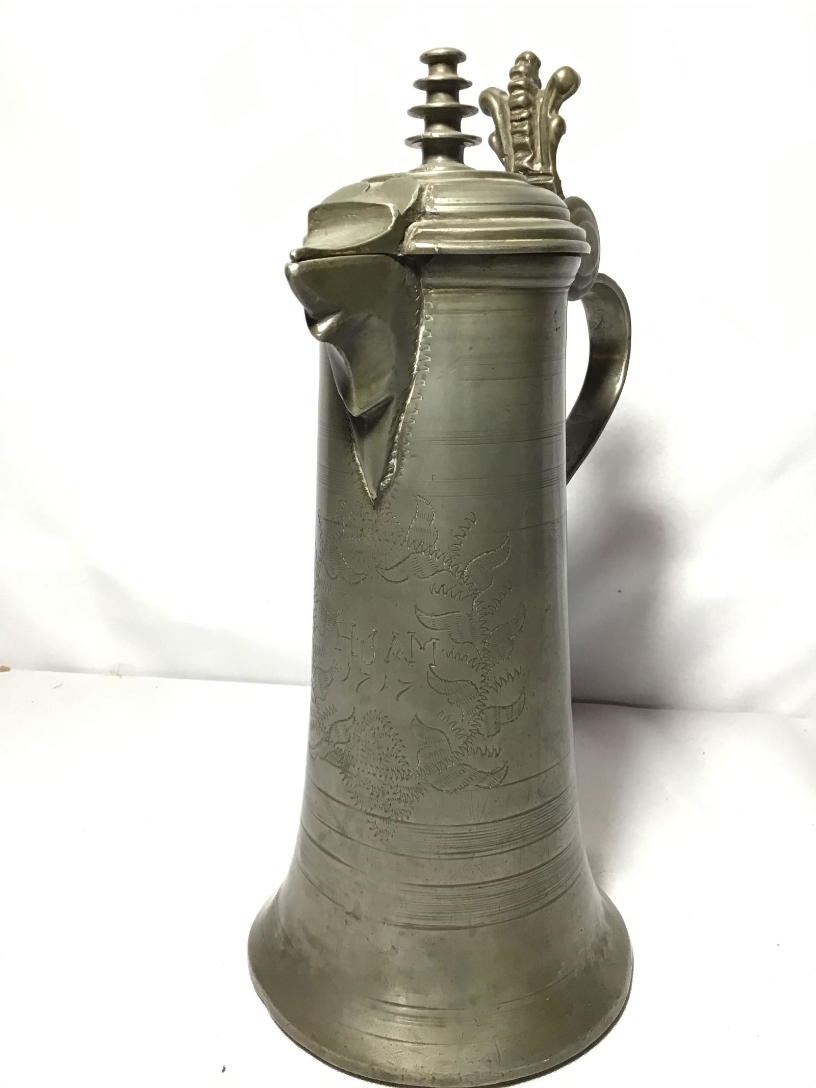 1717 Pewter Stein Engraved Height is 12 inches, handle to spout is 8 inches (1 of 7)