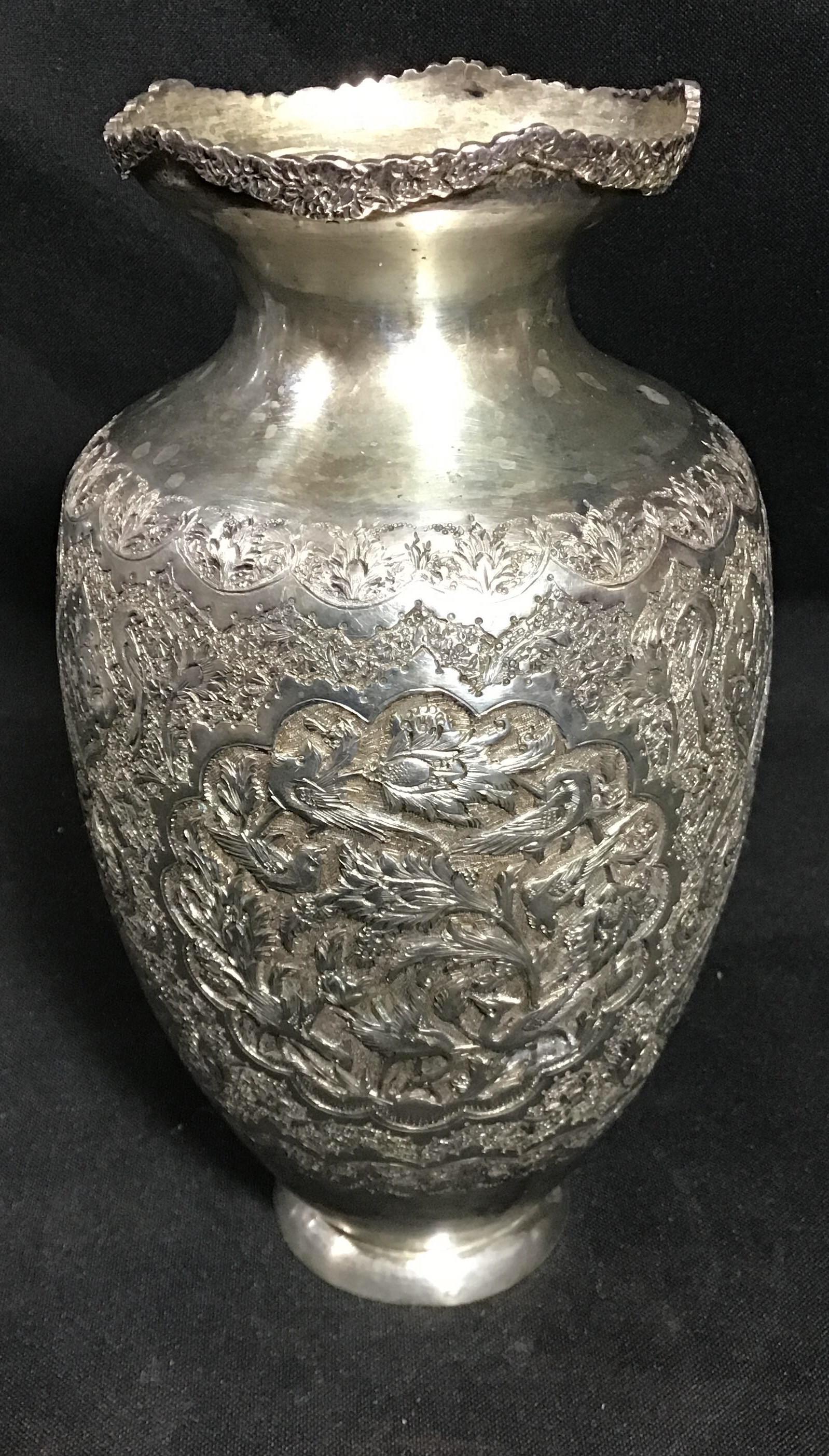 Ornate Silver Vase with Engravings of Birds and flowers Measures 7 1/2 inches tall (1 of 6)