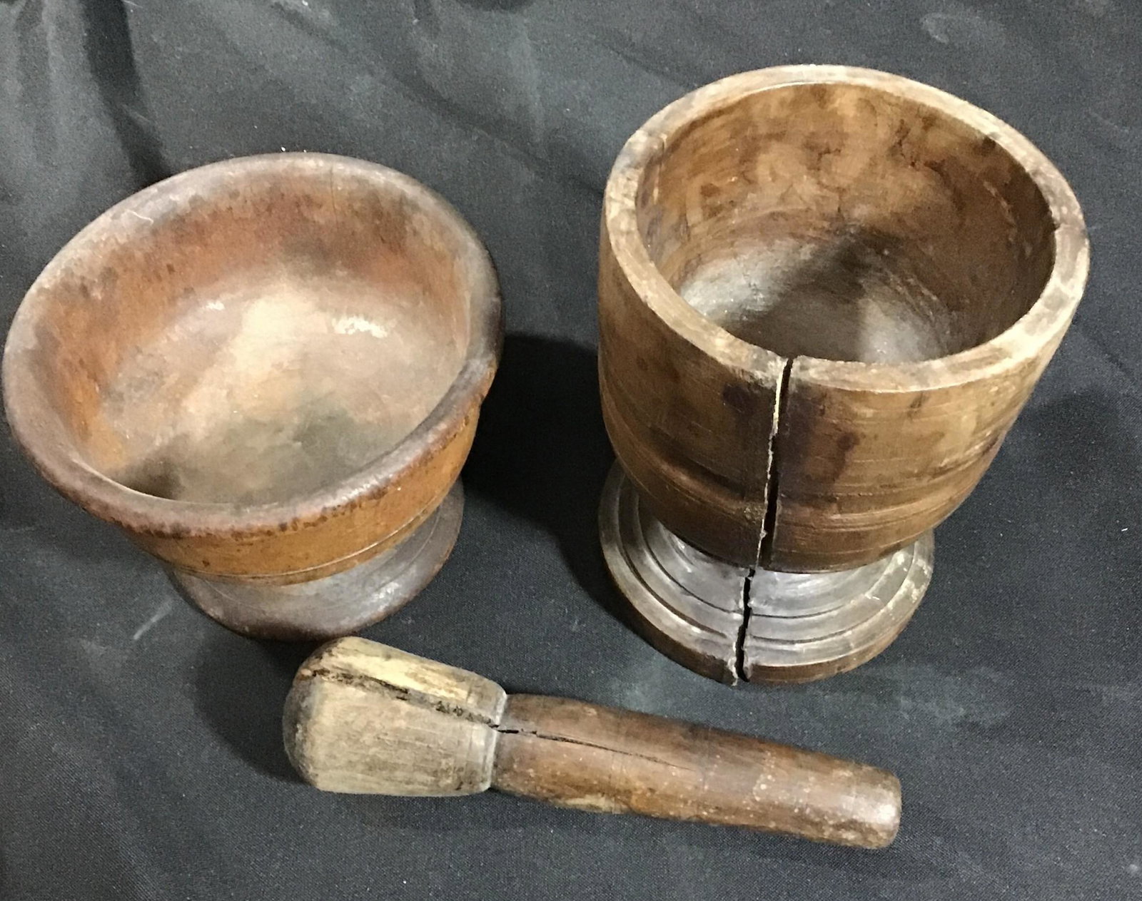 Primitive Wooden Mortar, and Pestle with crack: with crack