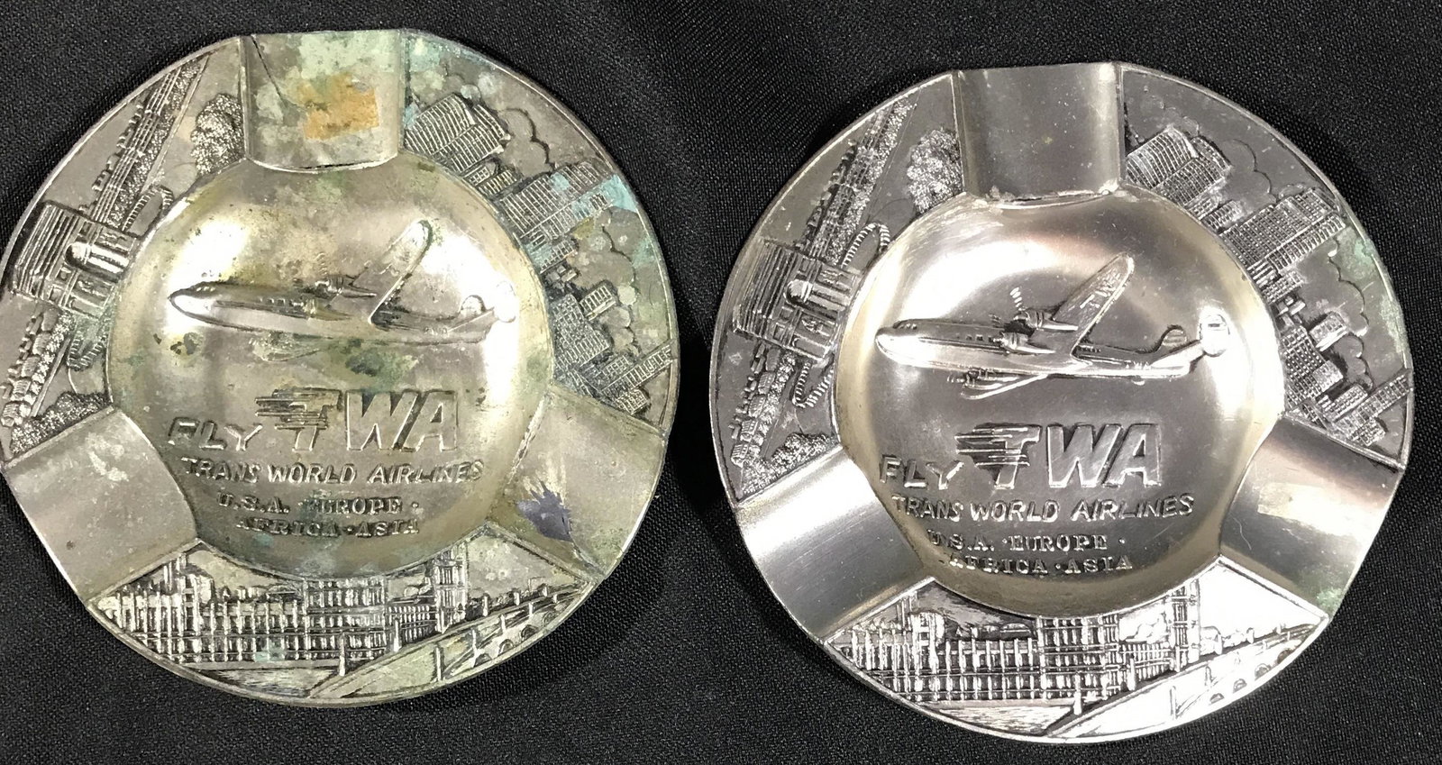 TWA Transworld Airlines Silver Ashtrays (2) sharp looking! (1 of 4)