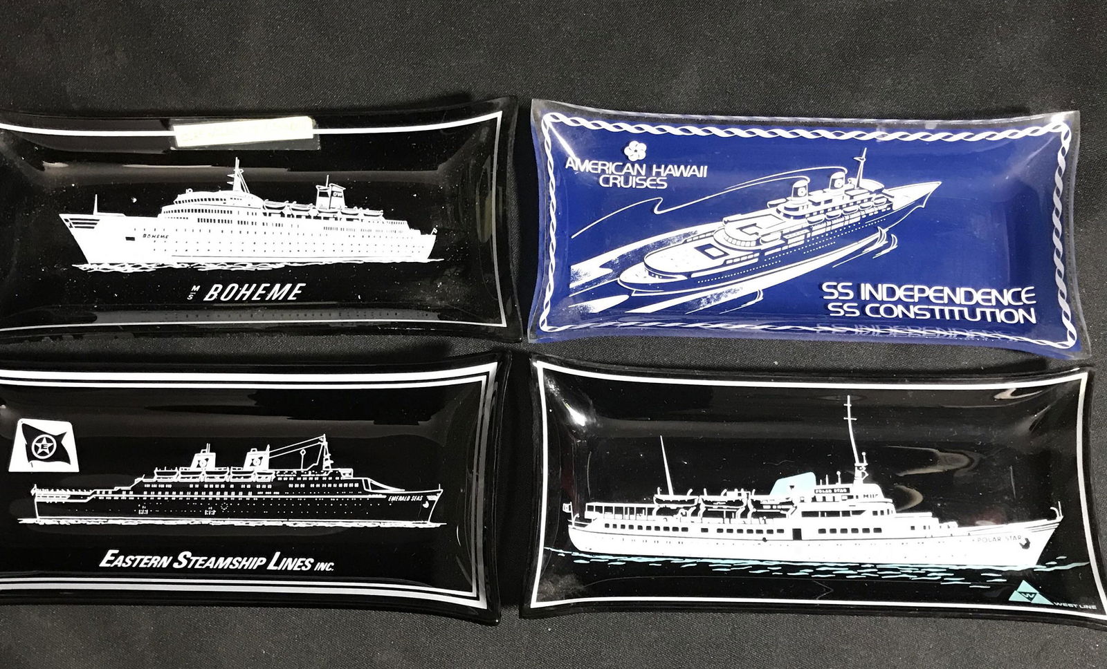 Steamship Ashtrays (4) 8â€ x 3 and three-quarter inches from 4 different lines: 8” x 3 and three-quarter inches from 4 different lines