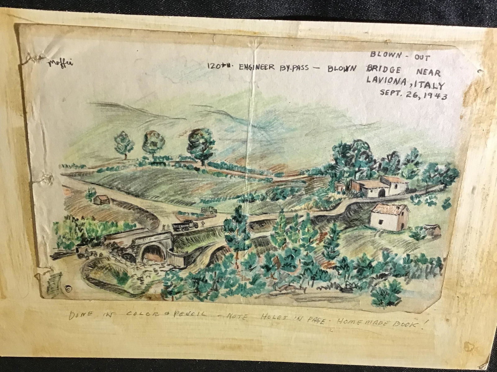 MAFFEI Color Drawing Kelowna Bridge Near Laviona: Italy September 26, 1943, measures 11 3/4" x 8"