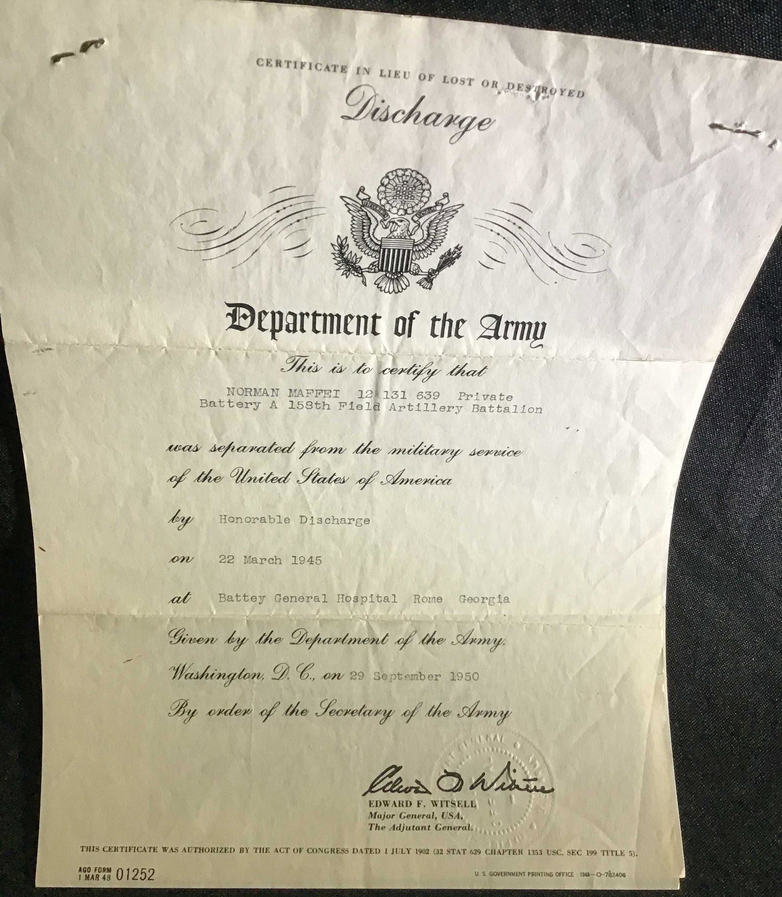Department of the Army Discharge Papers for: Norman MAFFEI, March 22, 1945 and a press pass For Norman, MAFFEI