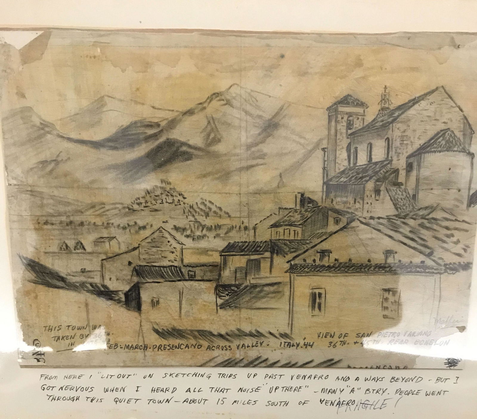 MAFFEI Drawing View of San Pietrovarriano: this town was taken by the 36th in late 1943 Sketched February 1944, measures 13 1/2 x 10 1/2