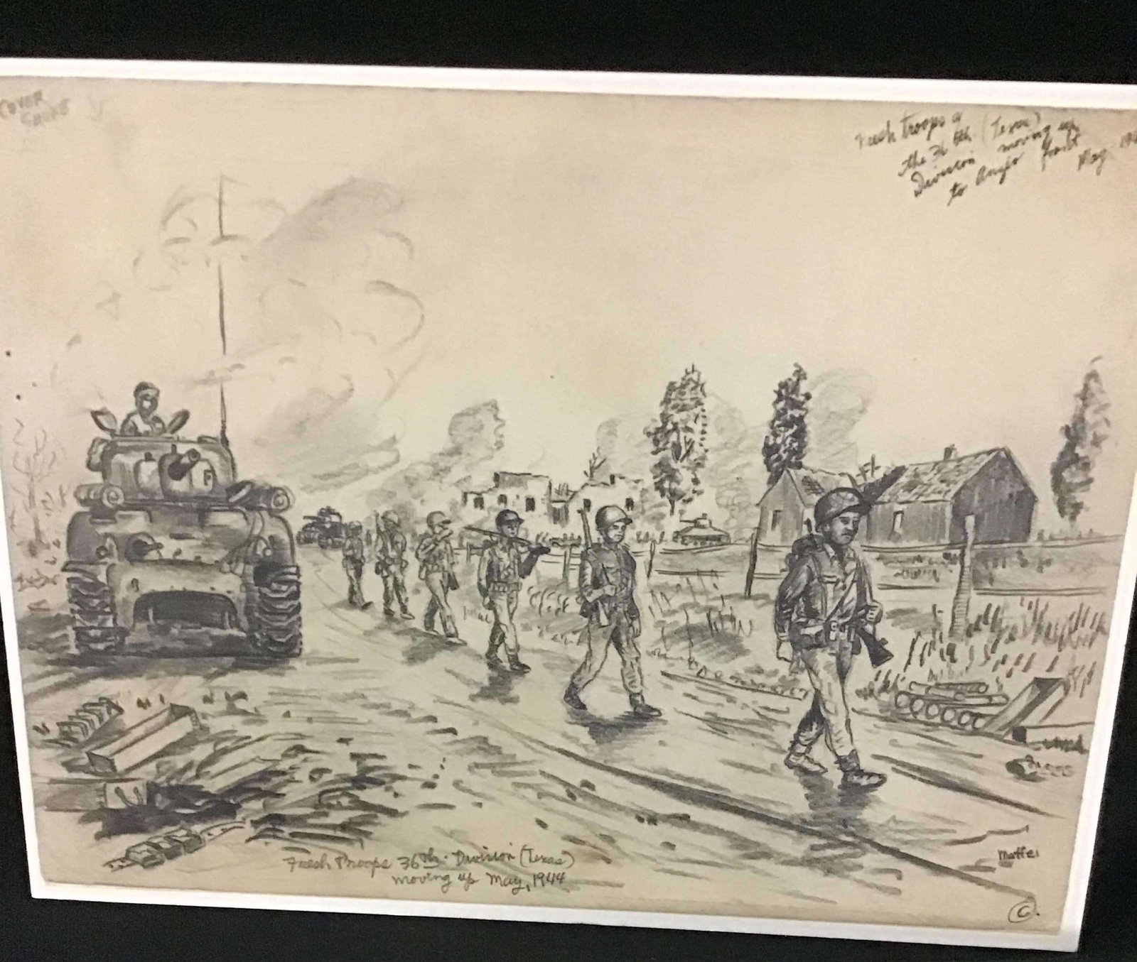 MAFFEI Drawings May 1944, Fresh Troops of the: 36th division moving up Measures 12 1/2 x 9 1/2