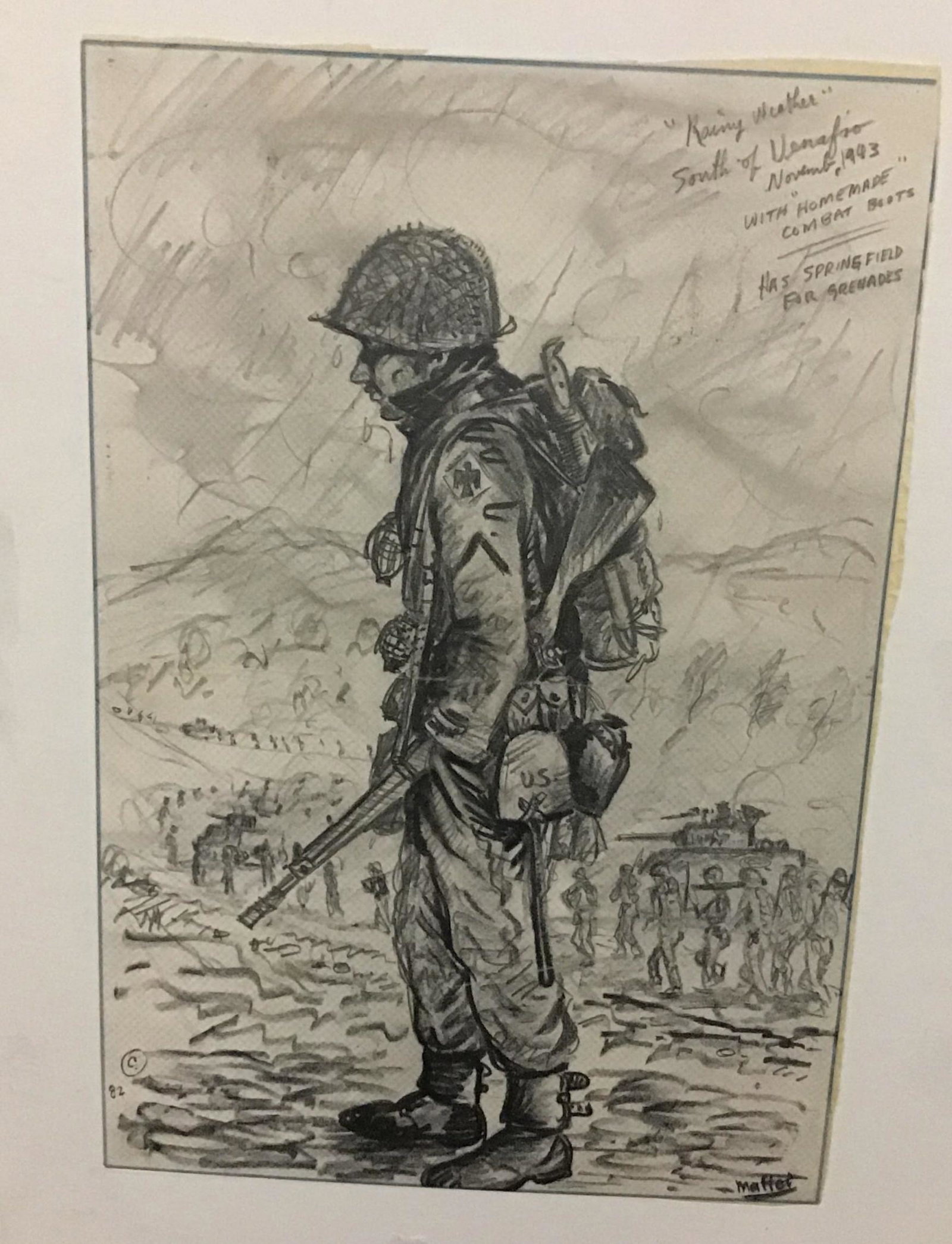 MAFFEI Drawing November 2, 1943 Rainy Weather: With homemade combat boots carrying a Springfield for grenades Measures 10 x 14 1/4