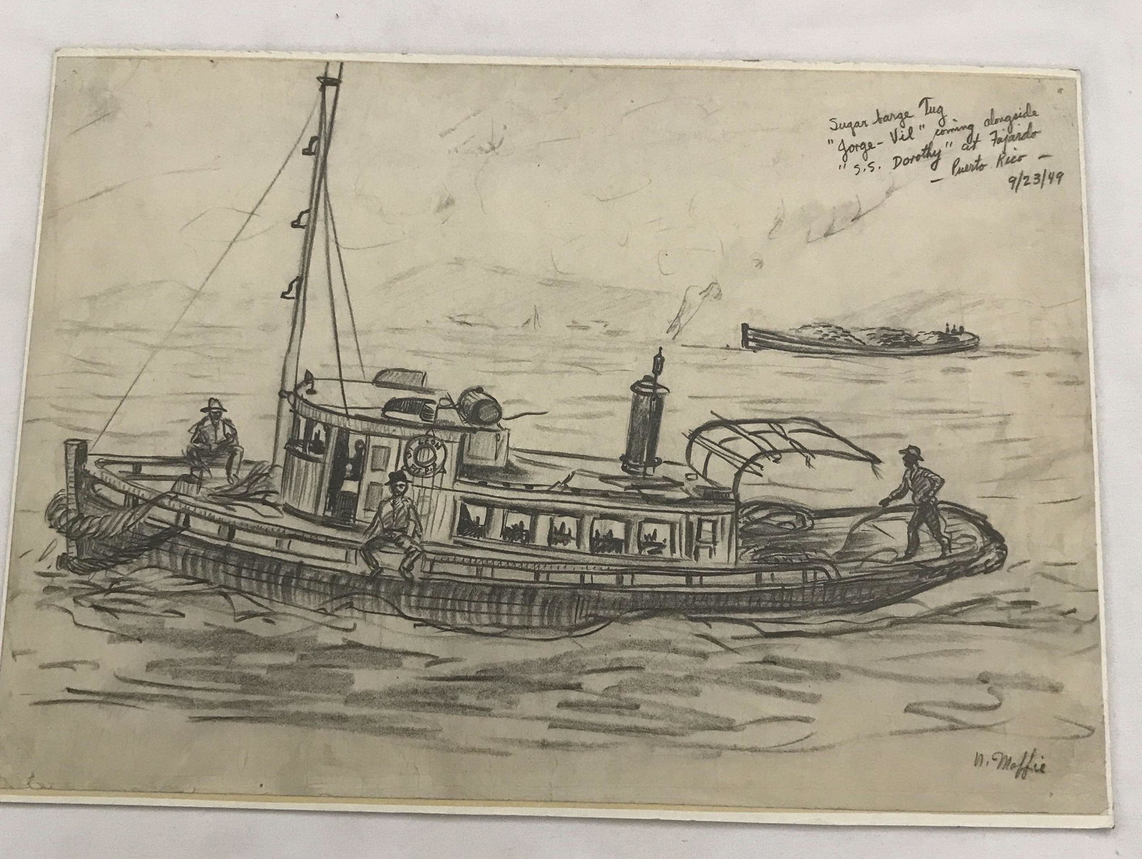 MAFFEI Sketch: Sugar Barge Tug Coming Alongside: The SS Dorothy in Puerto Rico, measures 14" x 10"