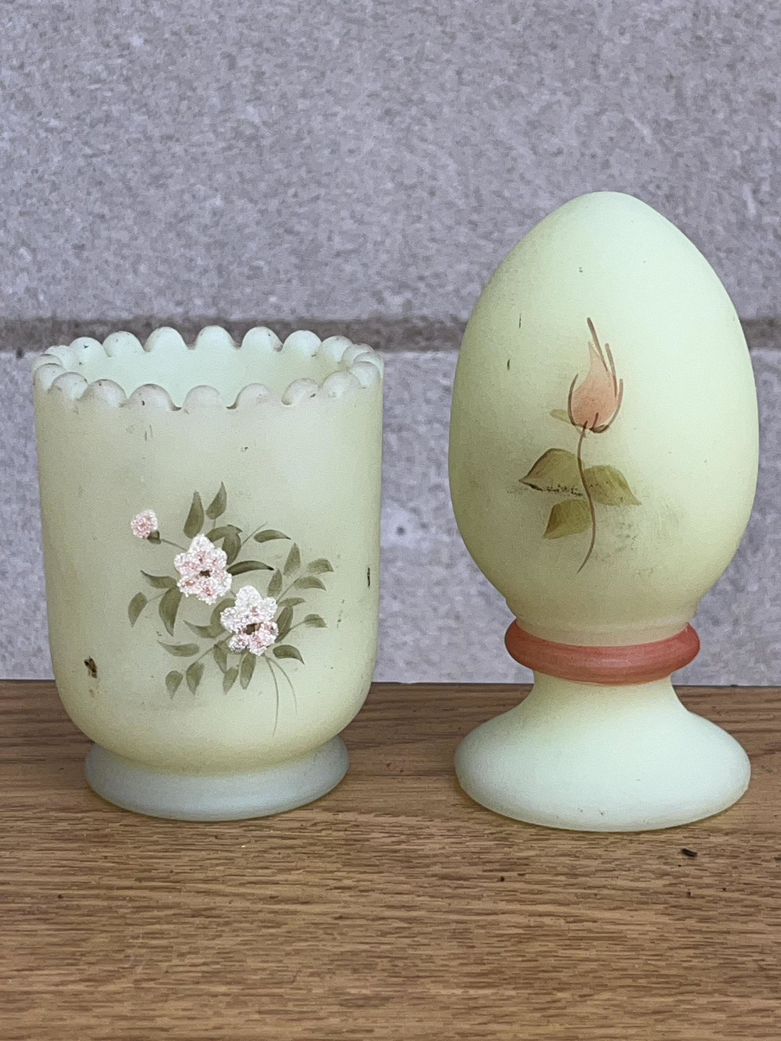 Signed Satin Fenton Glass Pieces (2) Artist name on bottom egg measures approximately 3 inches tall: Artist name on bottom egg measures approximately 3 inches tall