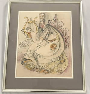 King David w/ Harp Signed Lithograph: Measures 22" by 26 3/4"