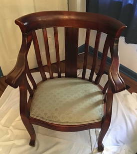 Wooden Sitting Chair with Fabric Seat: Measures 33 inches tall 24 inches wide 15 inches to the seat and 20 inches to the back of the chair All furniture needs to be picked up directly from the Estate in Rushford, NY. We will provide an 