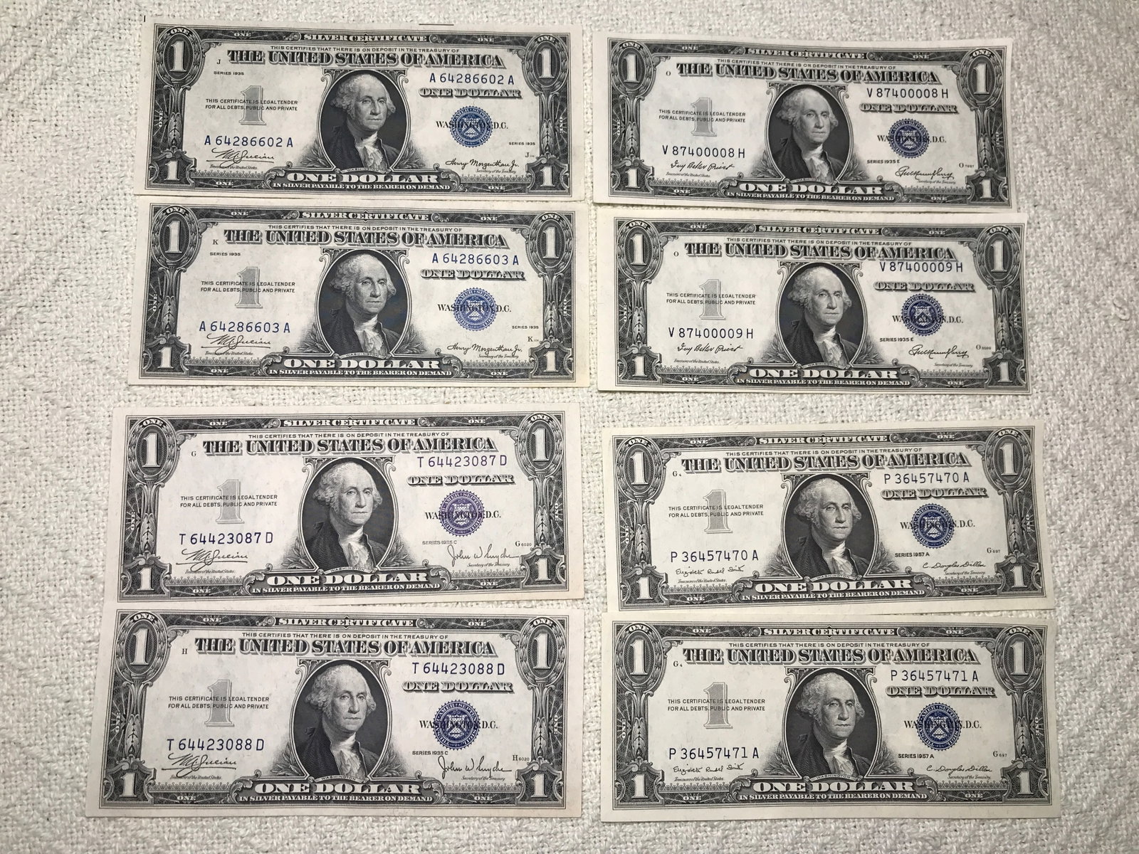 4 Sets of Sequential Silver Certificates: 1935 (3) & 1 set of 1957