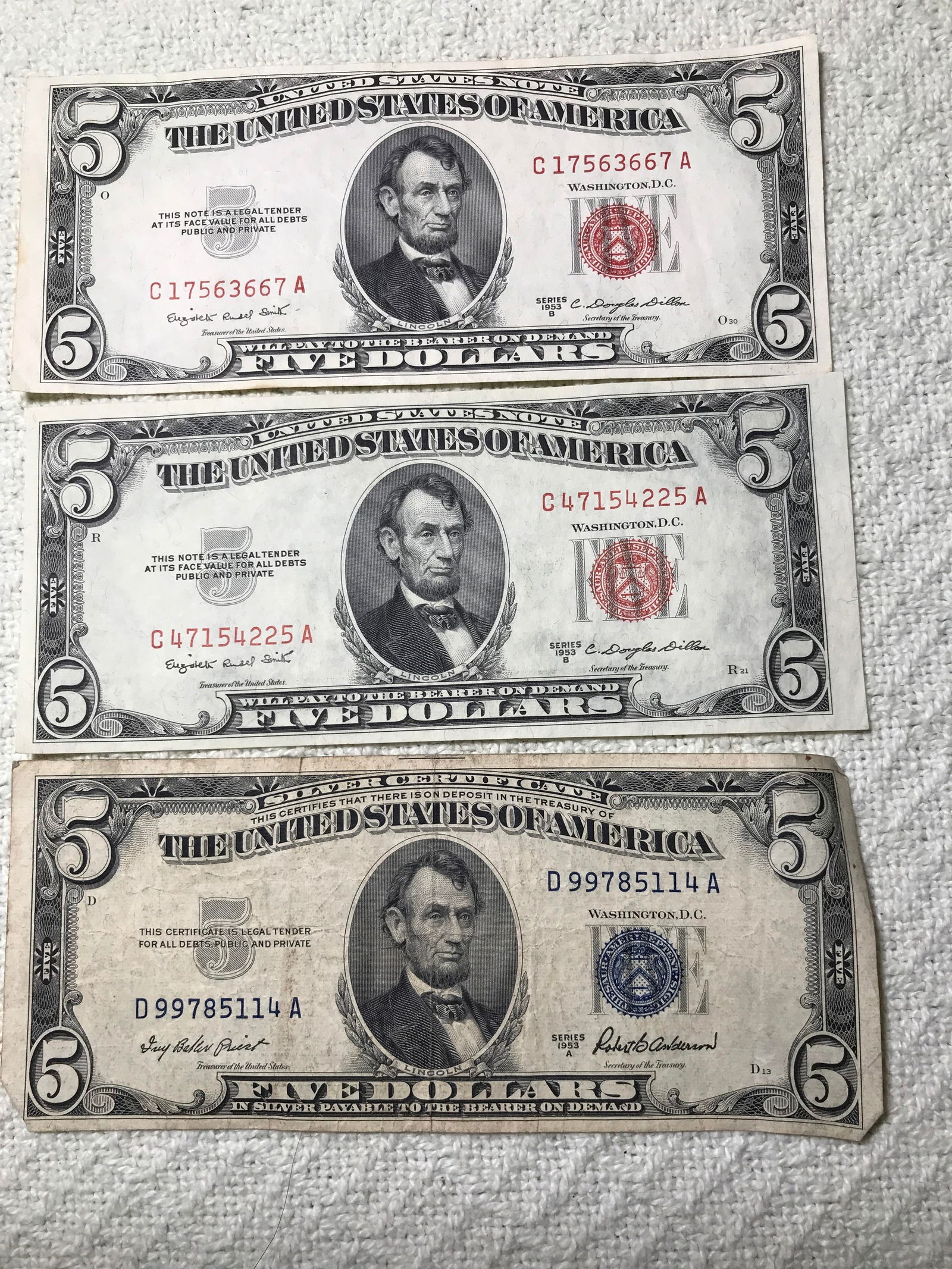 $5 Bills: Silver Certificate & 2 Red Seal (1 of 5)