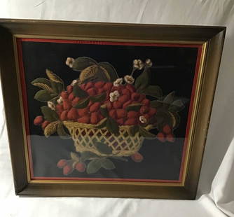 Framed Fabric Art Basket of Strawberries: Very colorful! measures 26 x 24 wooden frame.