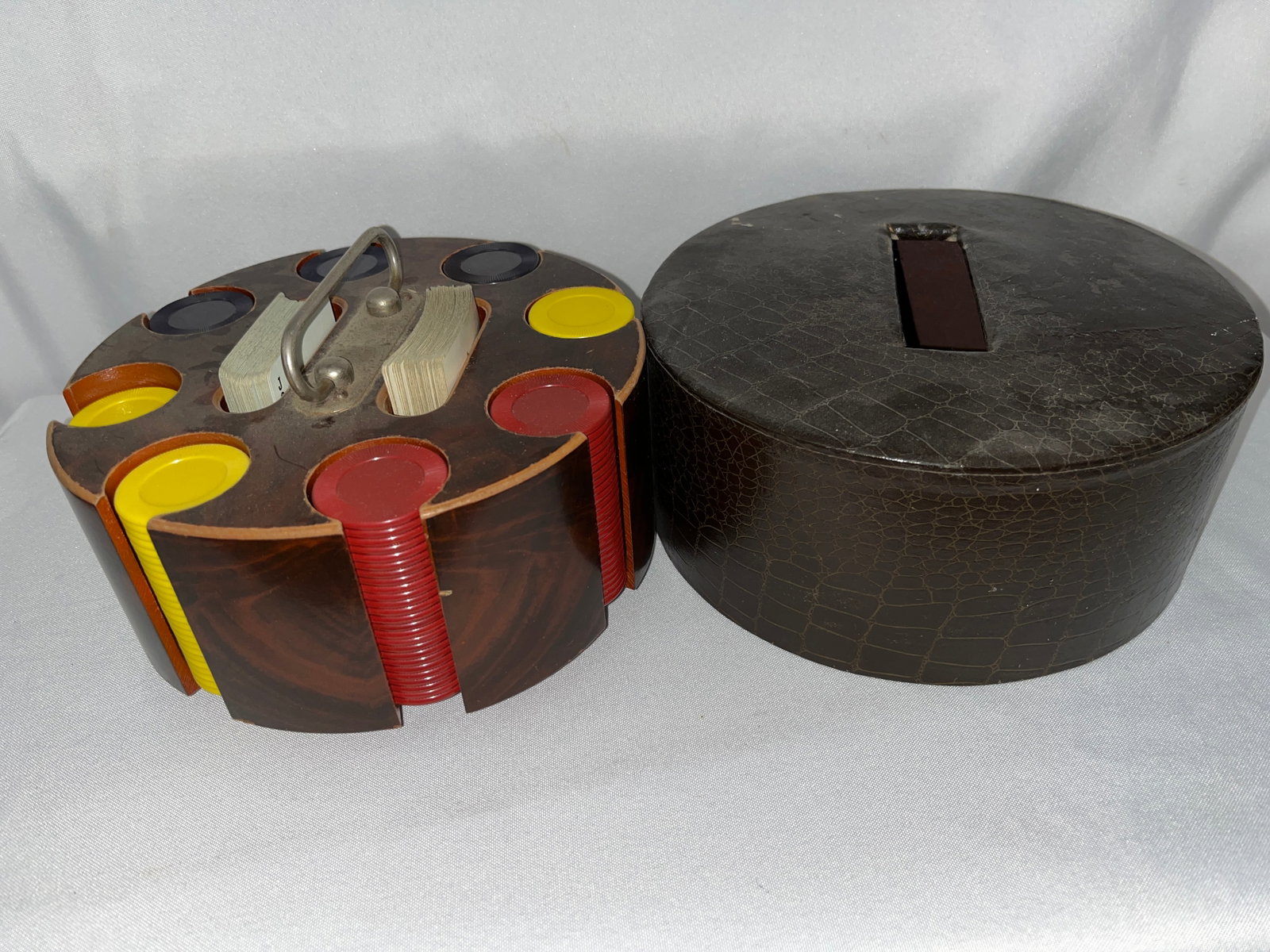 Vintage Poker Chip Holder: Measures 4 inches tall by 9 inches diameter