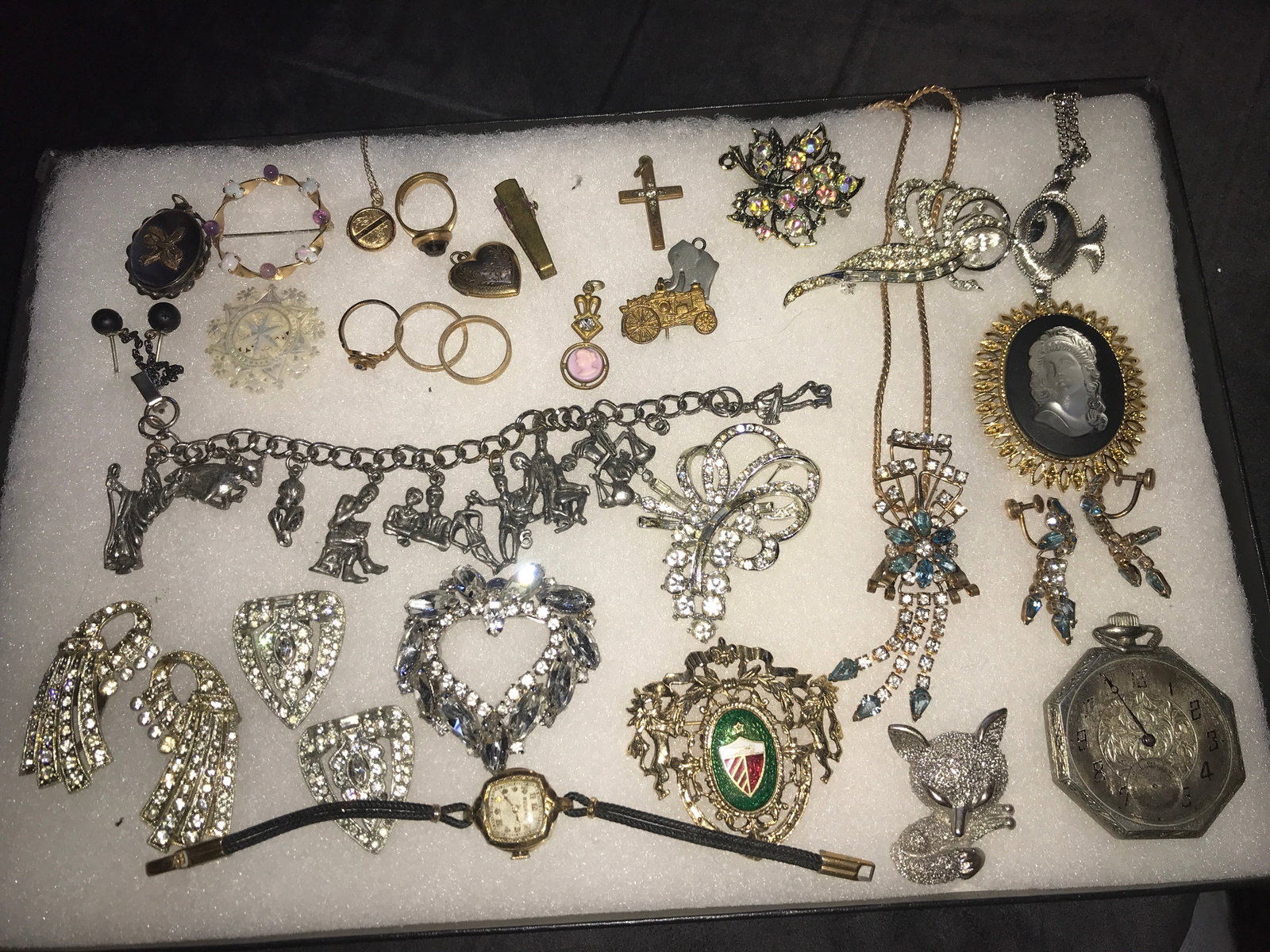 Costume Jewelry Collection: Charm bracelet, brooches, necklace, rings and more