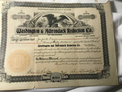 Washington & Adirondack Reduction Co. Stock: Certificate, In good shape!