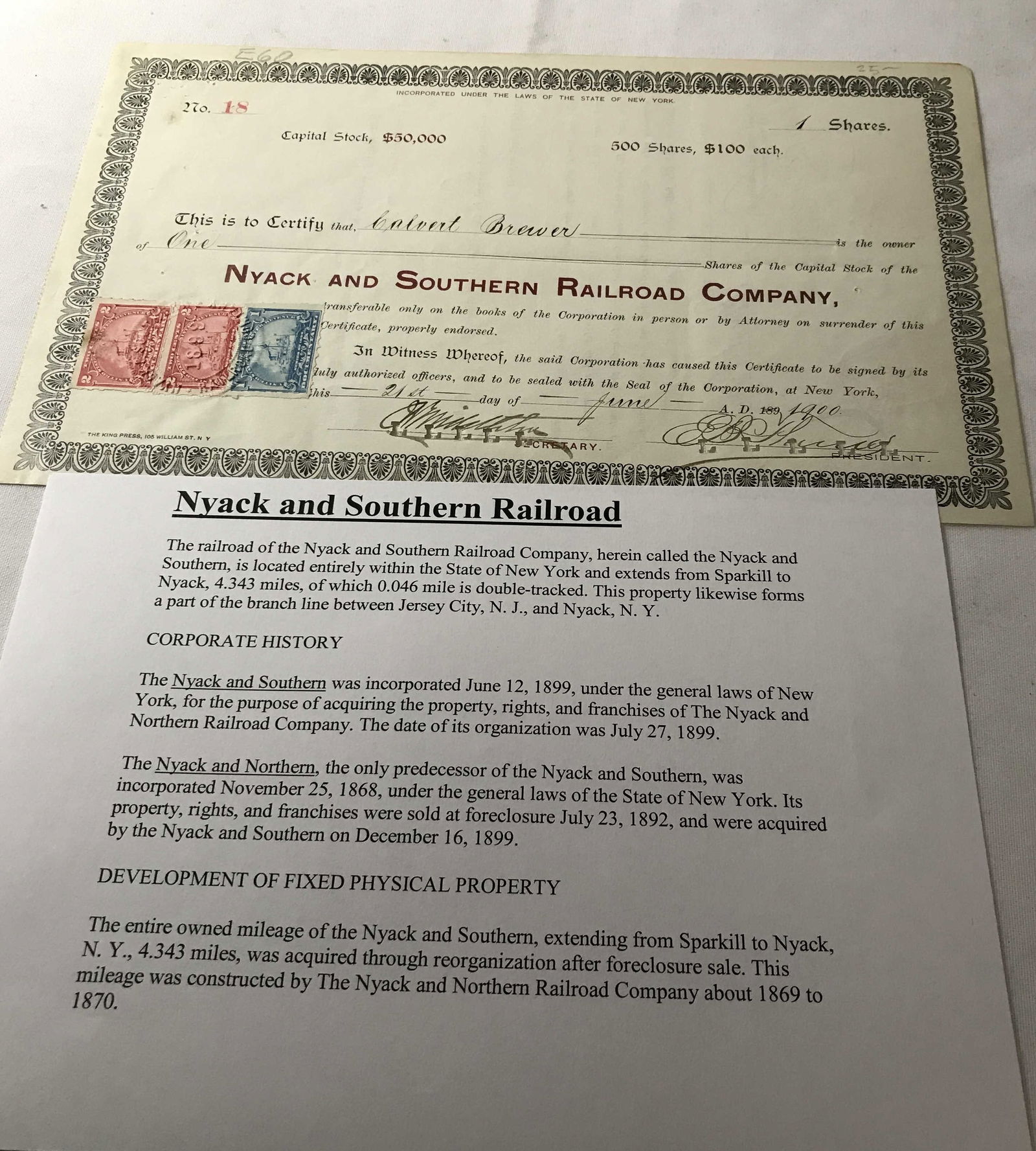 Nyack & Southern RR Stock Certificate (1 of 4)