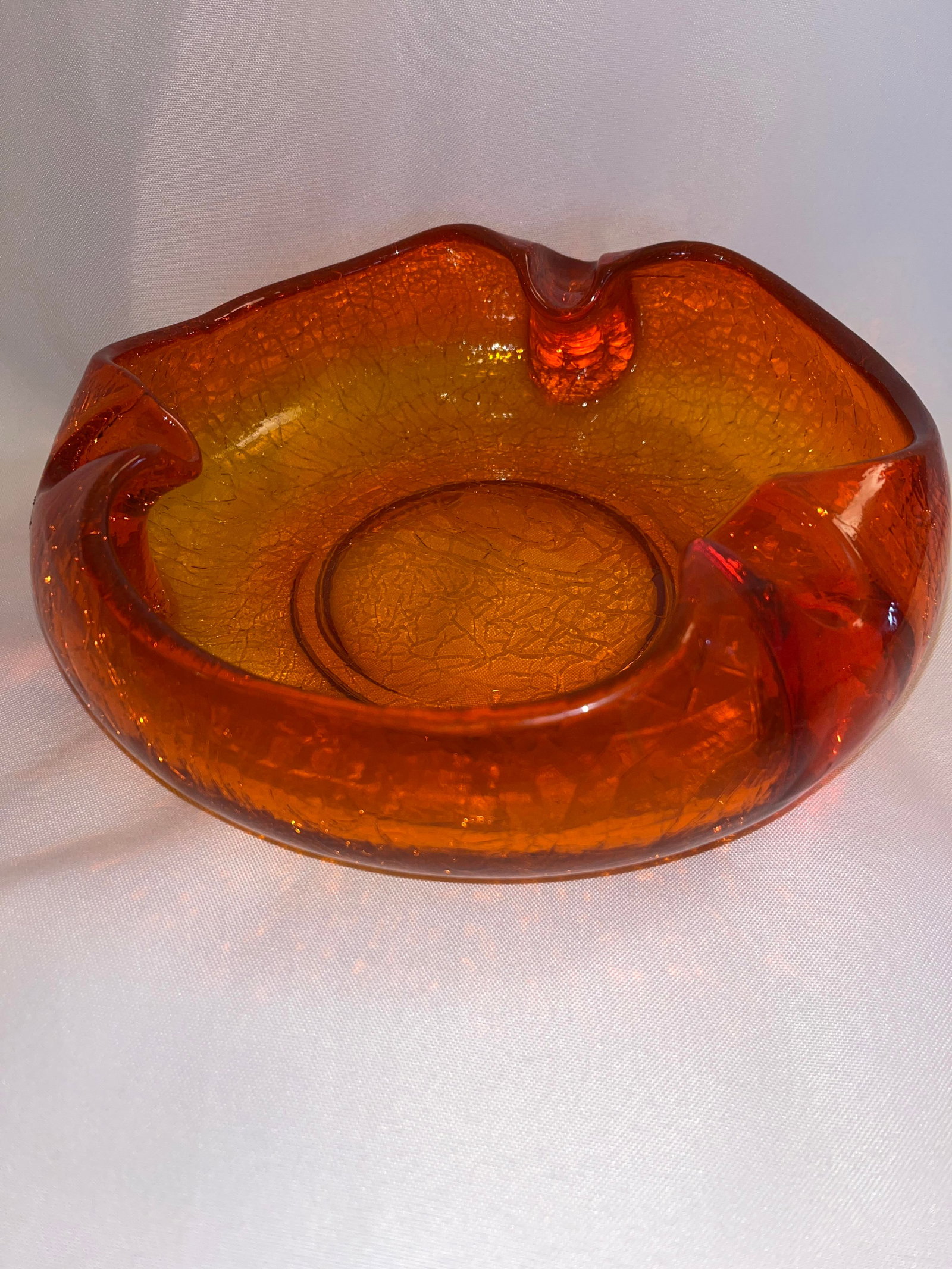 Vintage Large Viking Orange Crackle Glass Ashtray: Measures 10 inches wide by 3 inches tall