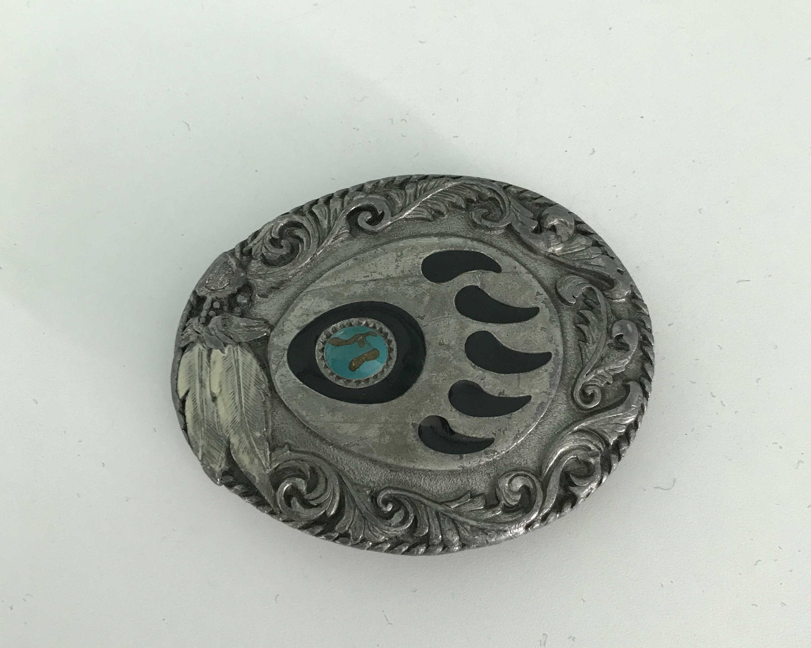 Bear Claw First Nation Motif Belt Buckle: Measures 3 1/2 x 2 1/2 inches