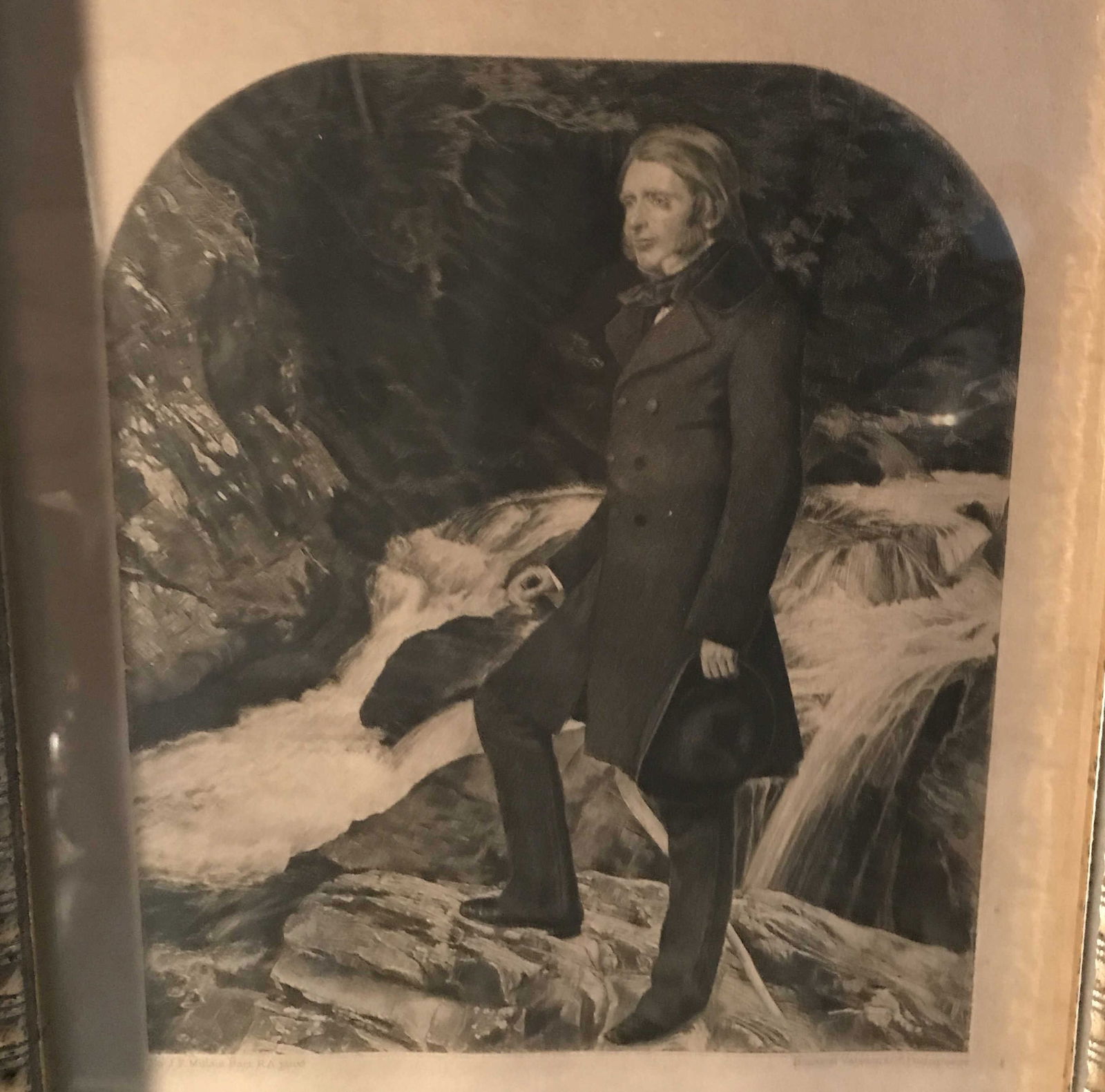 Vintage Print of John Ruskin Standing by a Creek: decorative frame measuring 13 3/4 x 17 1/2 inches with glass