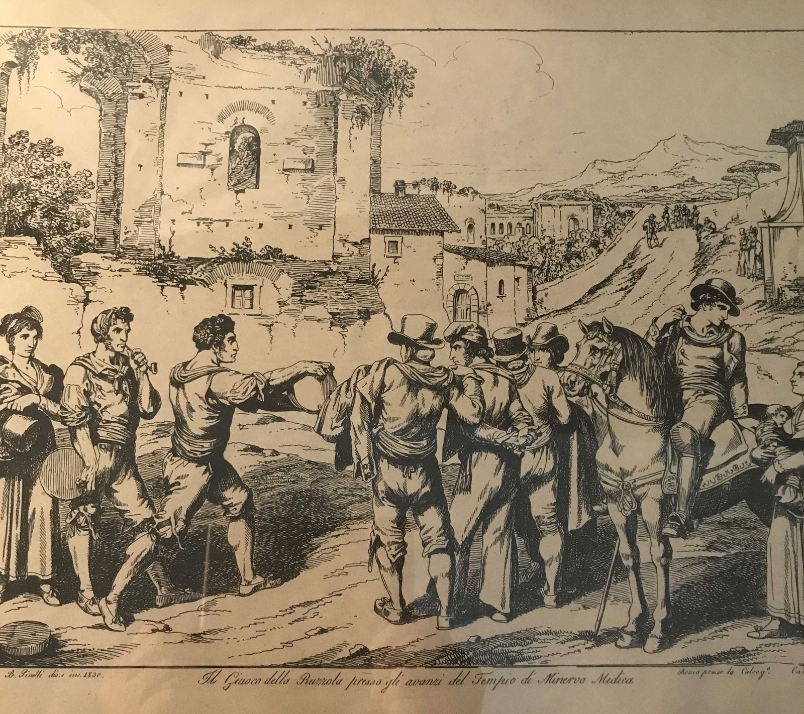 Roman Scene by BARTOLOMEO Pinelli: Black & white print, wooden frame and glass measures 18 x 15 inches