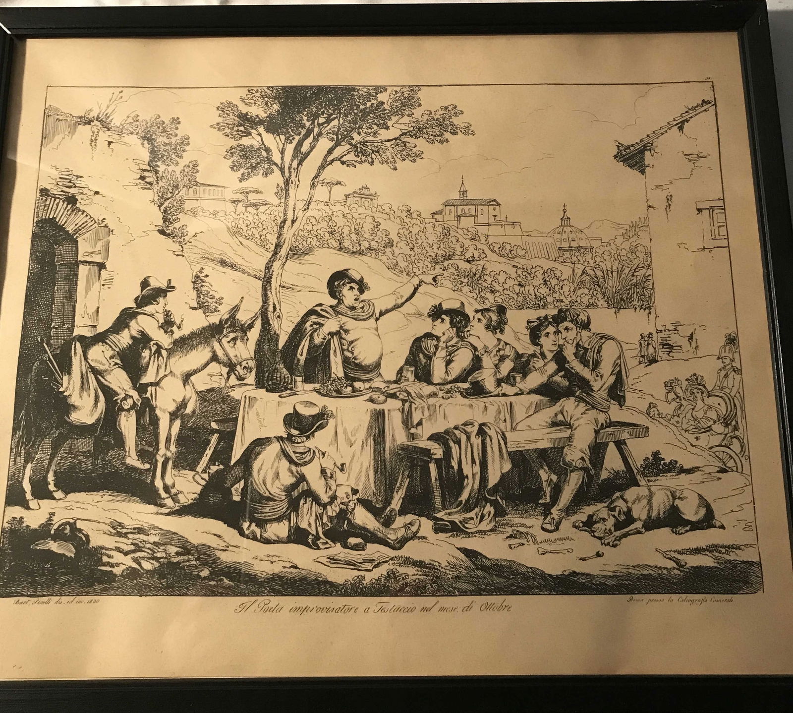 BARTOLOMEO Pinelli From Rome Print: print black wooden frame with glass measures 18 x 15 inches