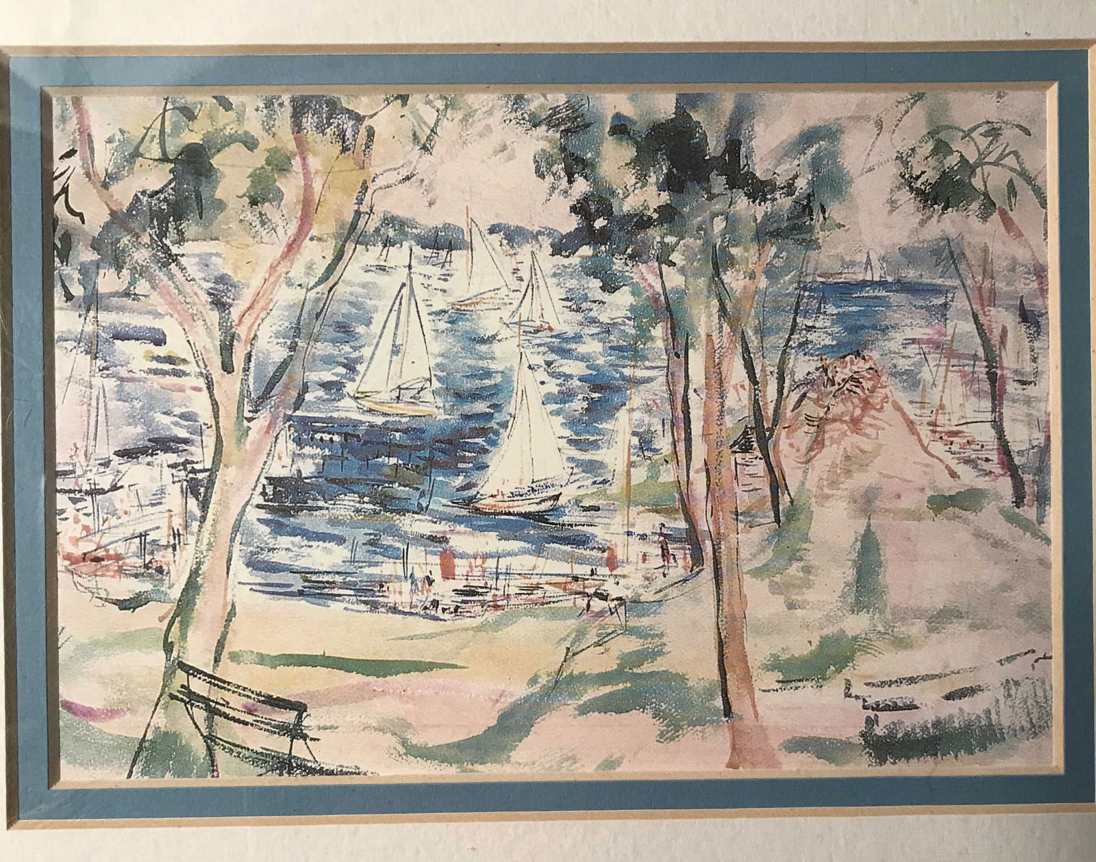 Sailing Ships in the Harbor gold metal frame: with glass measuring 11 1/2 x 9 1/2 inches