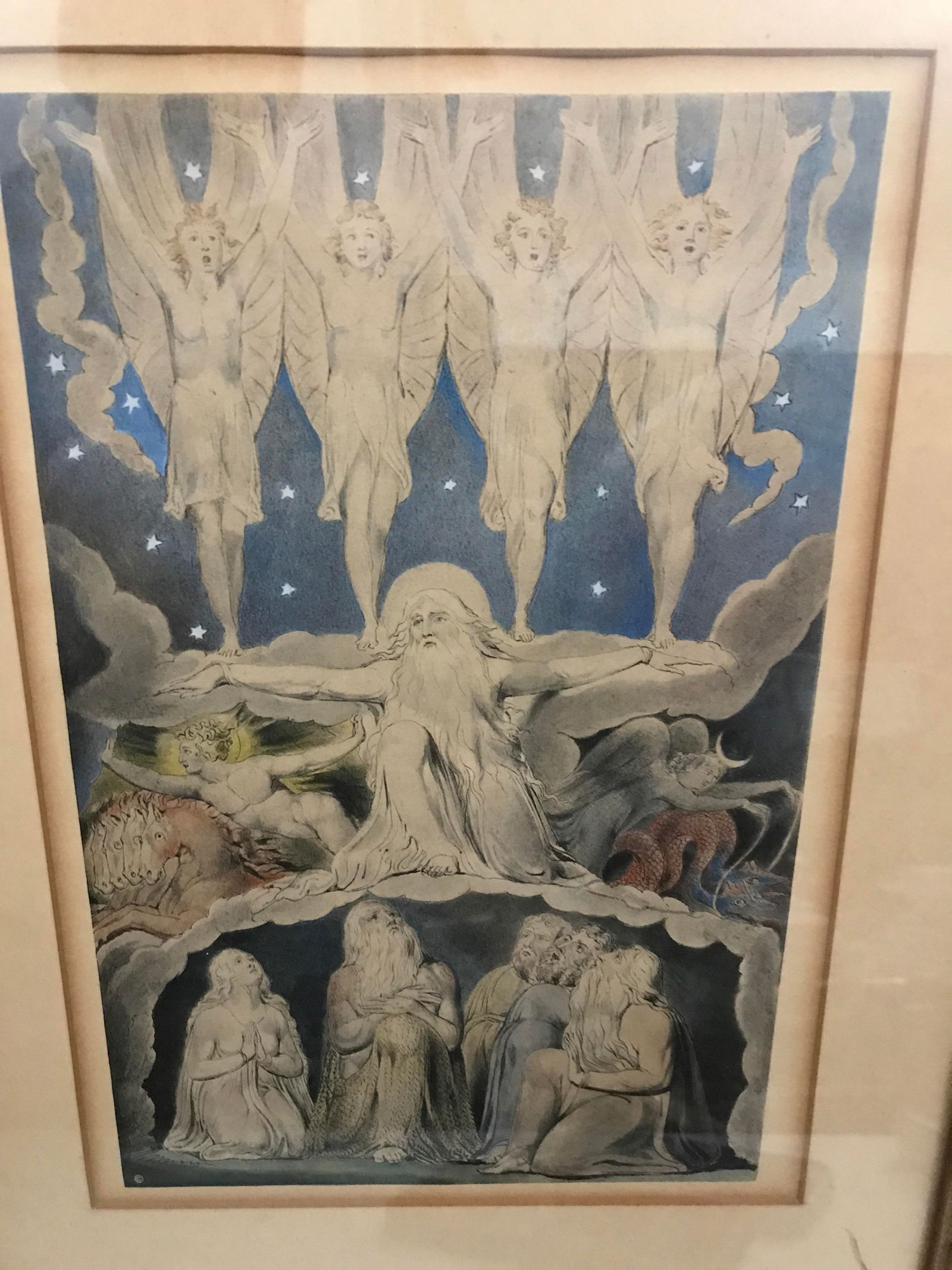 When The Morning Stars Sang Together: By William Blake Framed Under Glass Print, frame measures 17 1/4 by 12 1/2 inches