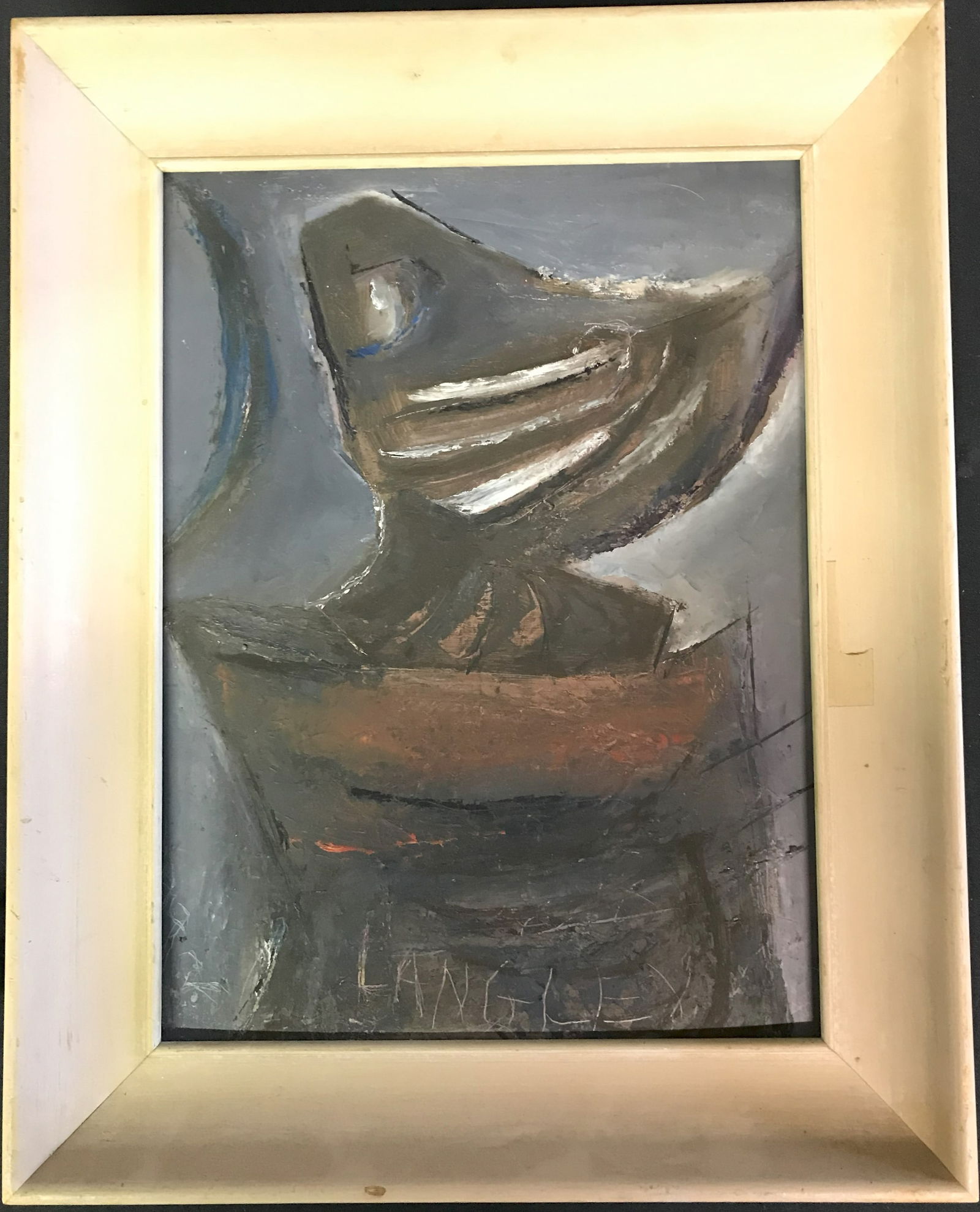Katherine Langley PRIMITIVE IMAGE CHILD o/o/b: Oil on Board, Signed 1992, frame measures 20 x 16 inches