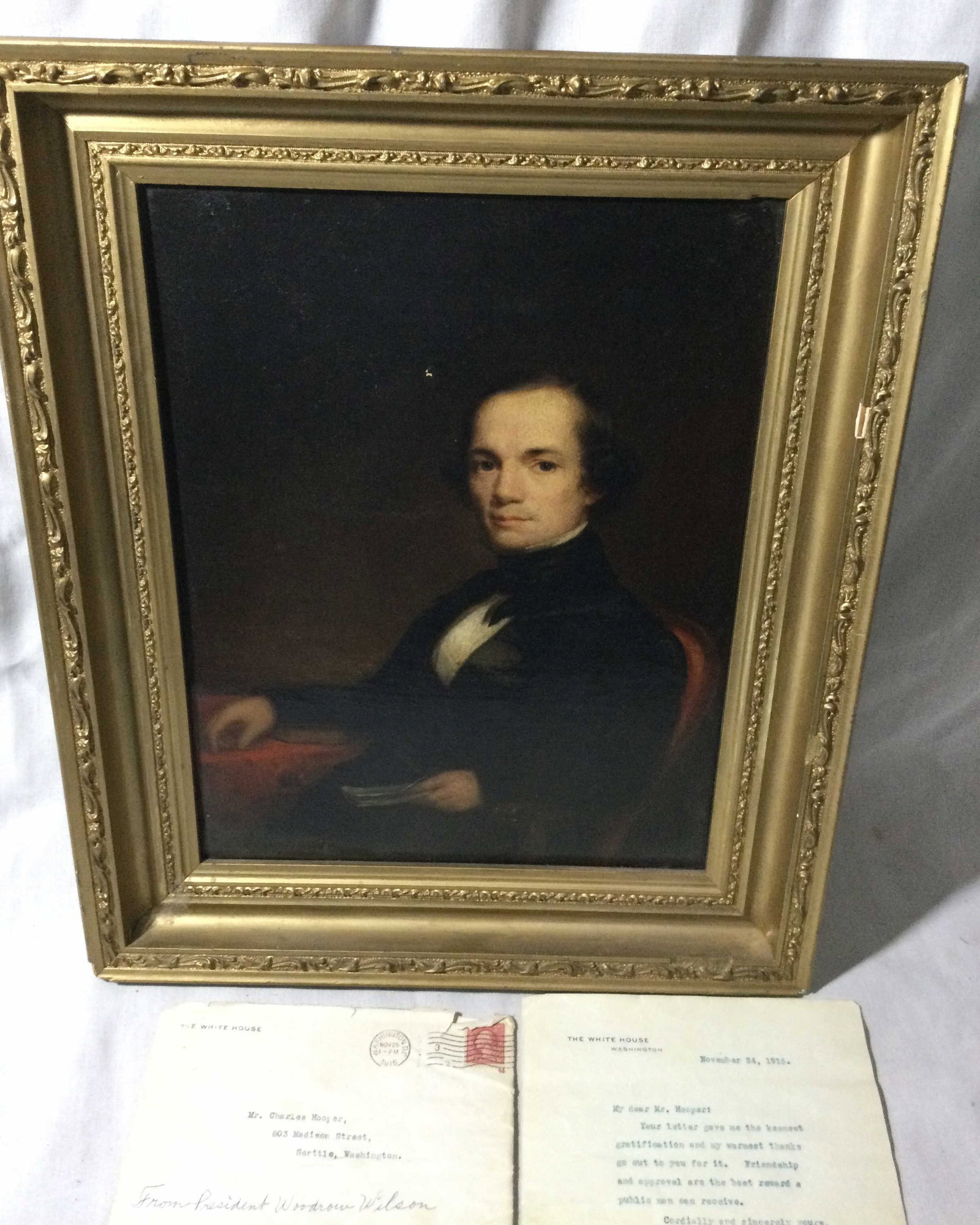Portrait of Charles Hooper County Clerk of Troy: New York with letter mailed to him in November 24 ,1916 from President of the United States.picture measures 15” x 18” wooden and plaster frame.info on back.