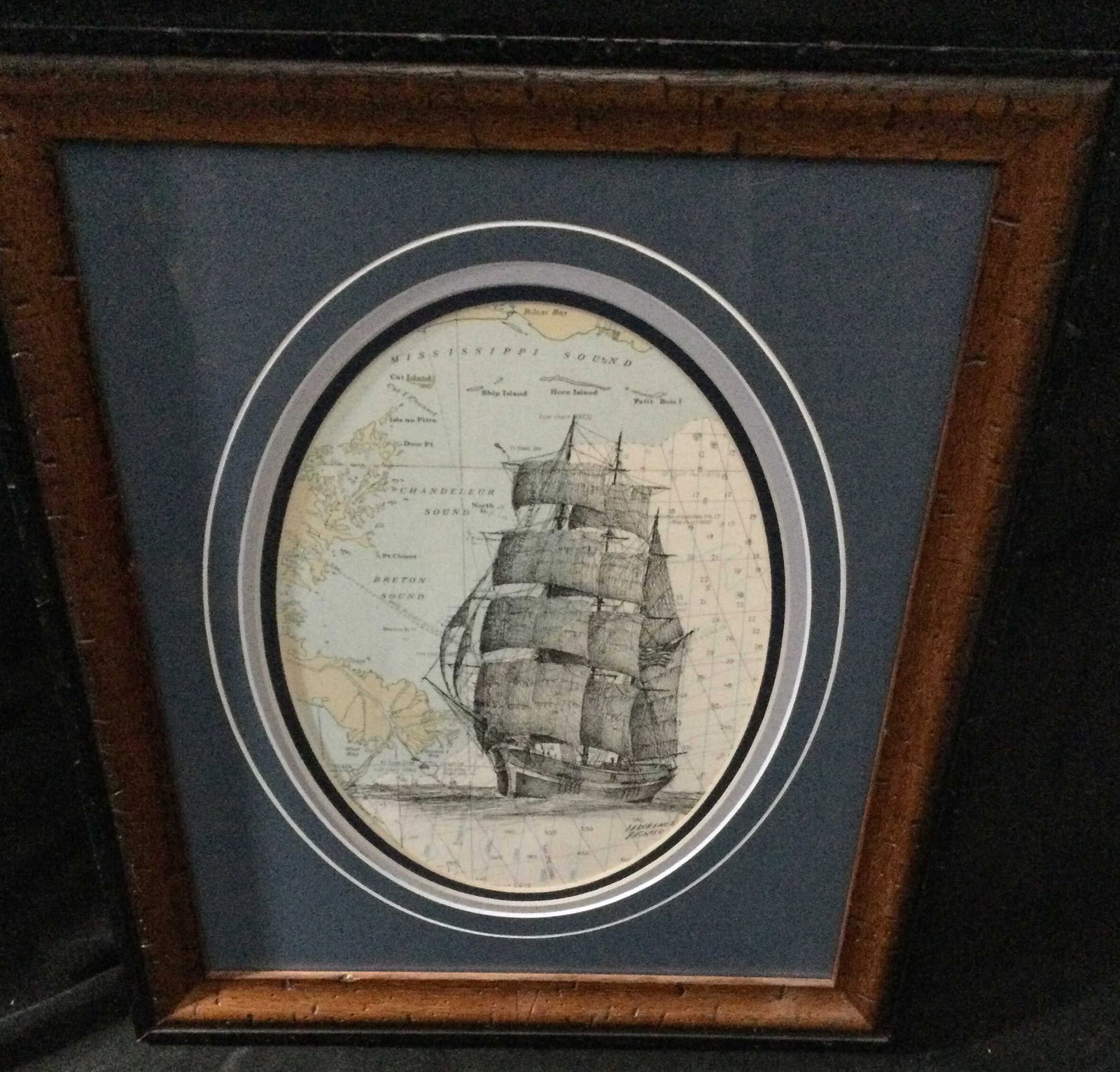 Vintage Ship with Map Image in Background: Wooden frame with glass measuring 13 x 16 1/4 inches