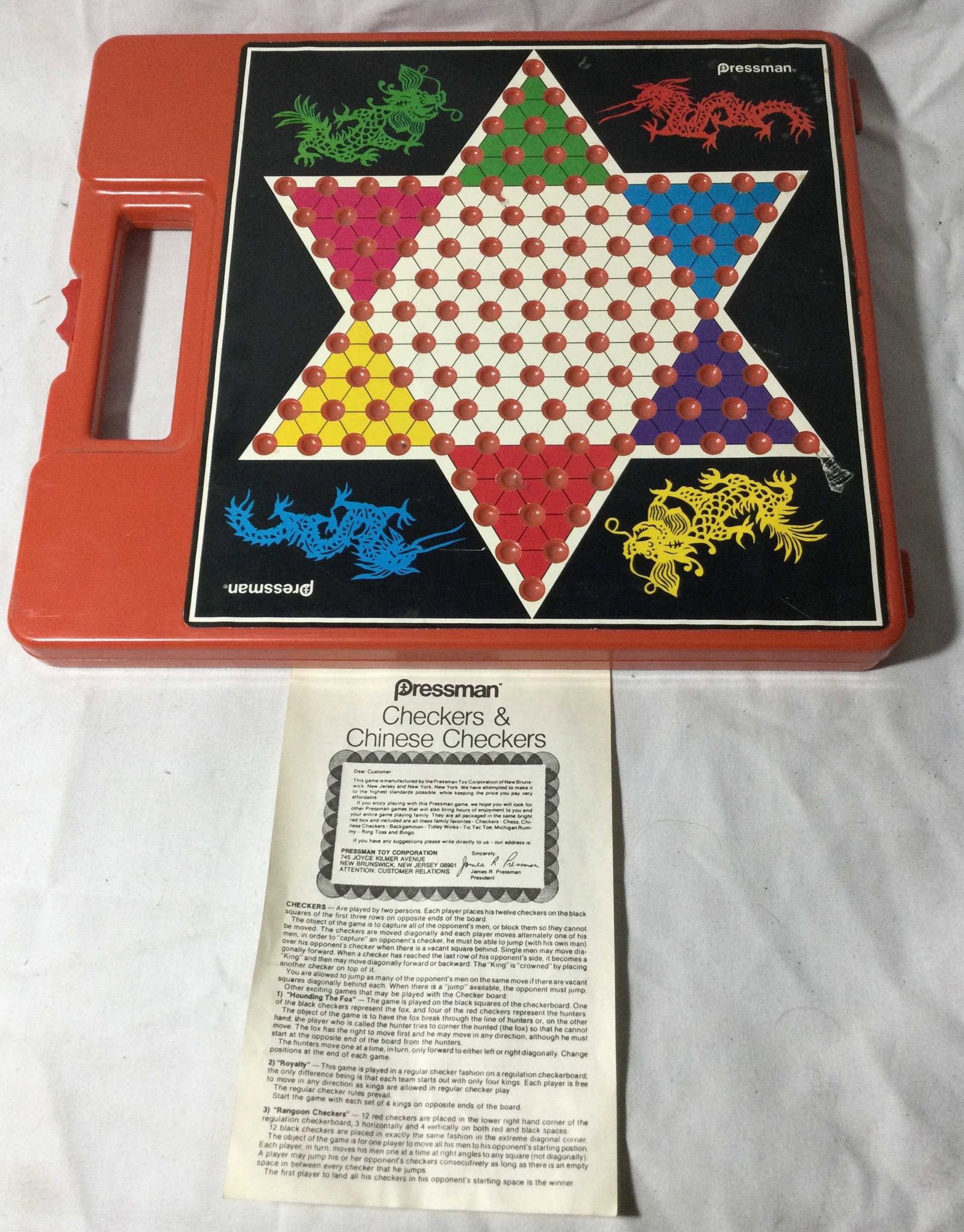 Pressman Checkers and Chinese Checkers Game: Plastic carry case measures 14 1/2 x 12 3/4 inches