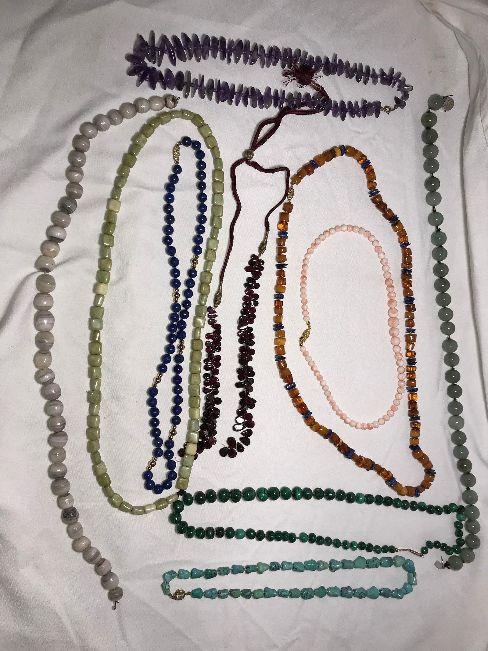 Necklace Collection- Green & White Jade: With amethyst, coral, turquoise Amber Garnett malachite