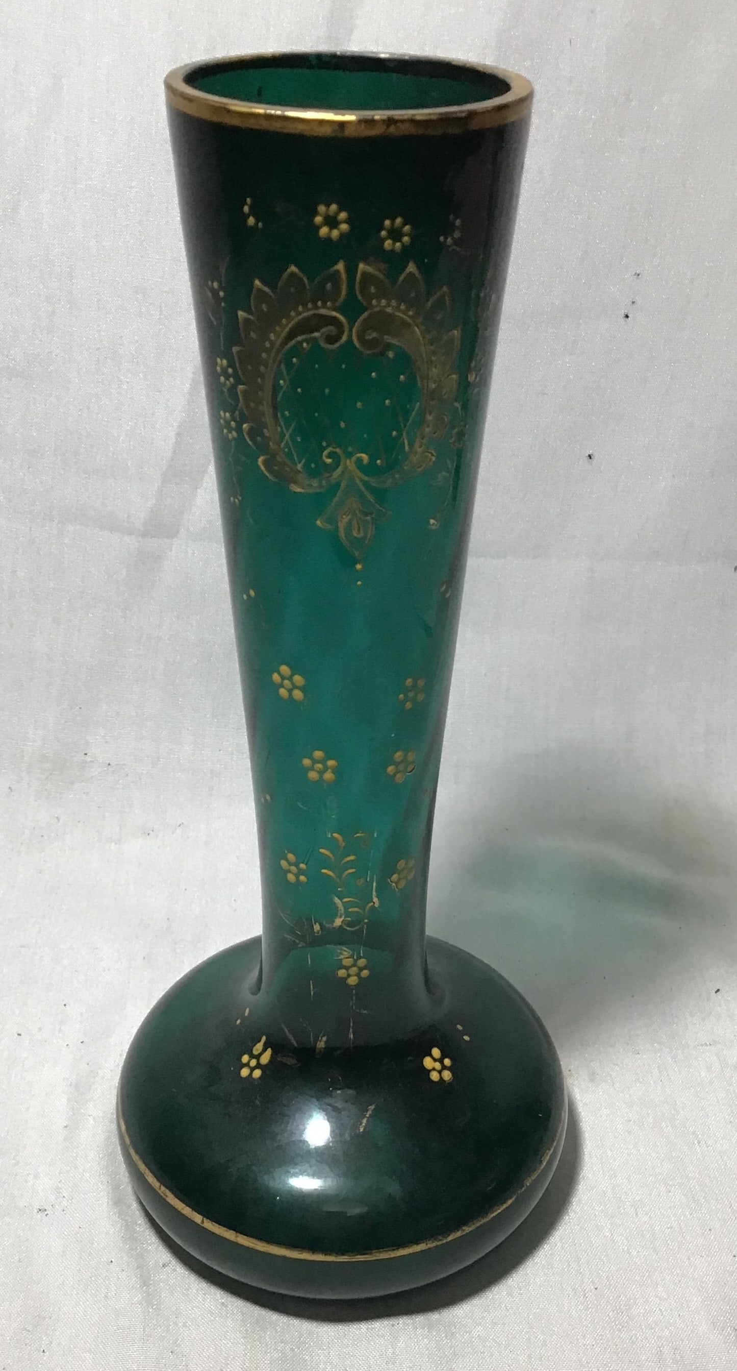 Emerald Green Flower Bud Vase: Hand-painted floral design, yellow and gold accents measures 12 1/2 high 5 1/2 and base